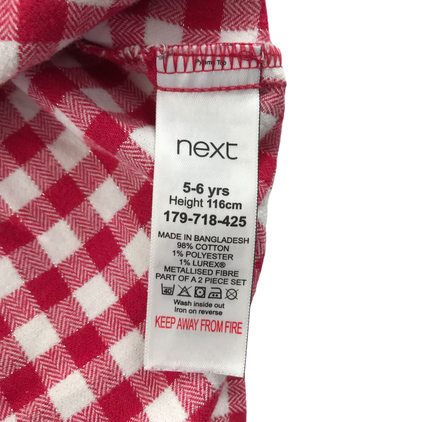 Next pyjama set 5-6 years red and white checked flannel