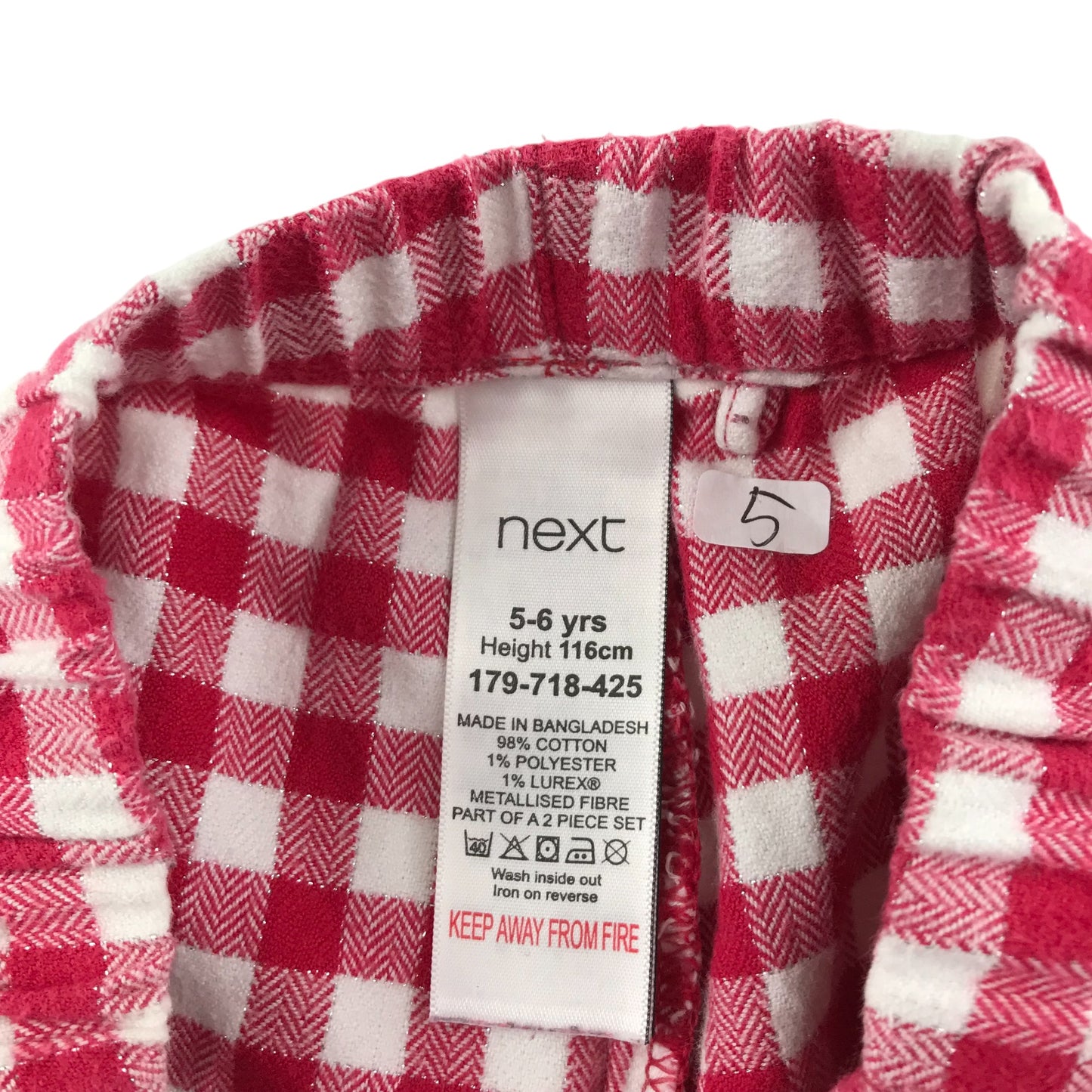 Next pyjama set 5-6 years red and white checked flannel