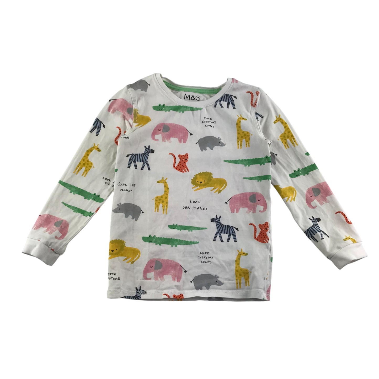 M&S pyjama set 5-6 years white and multicolour animals print long sleeve