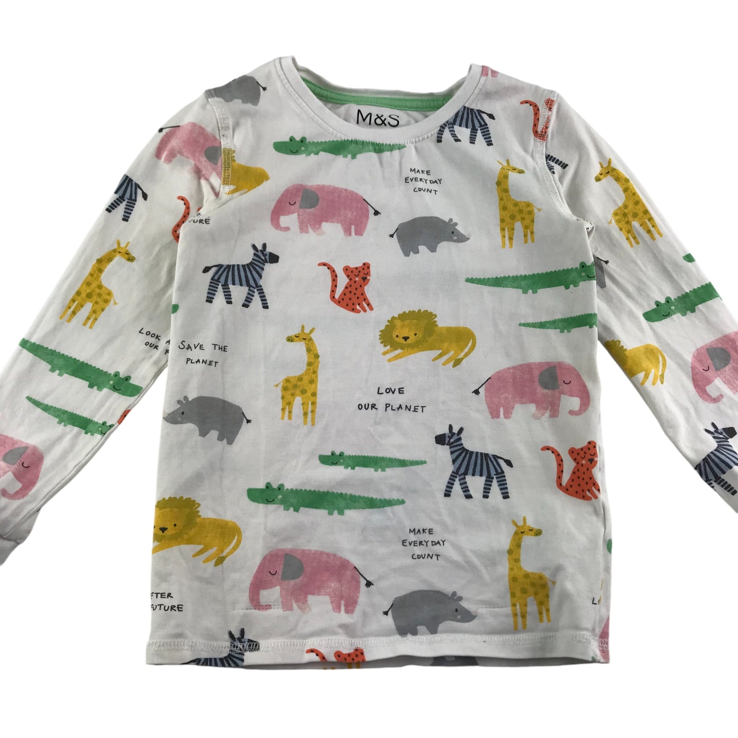 M&S pyjama set 5-6 years white and multicolour animals print long sleeve