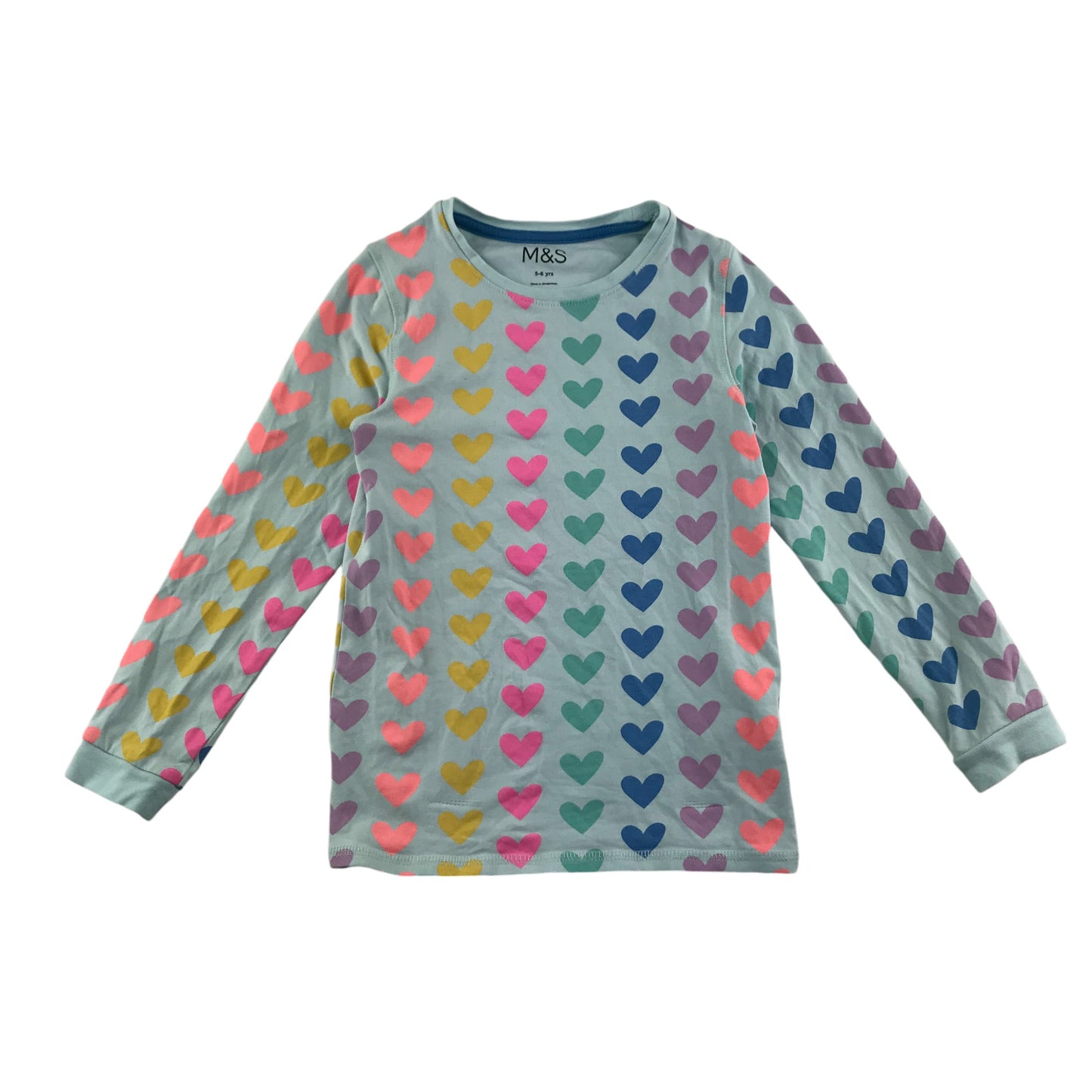 M&S pyjama set 5-6 years light blue with multicolour love hearts