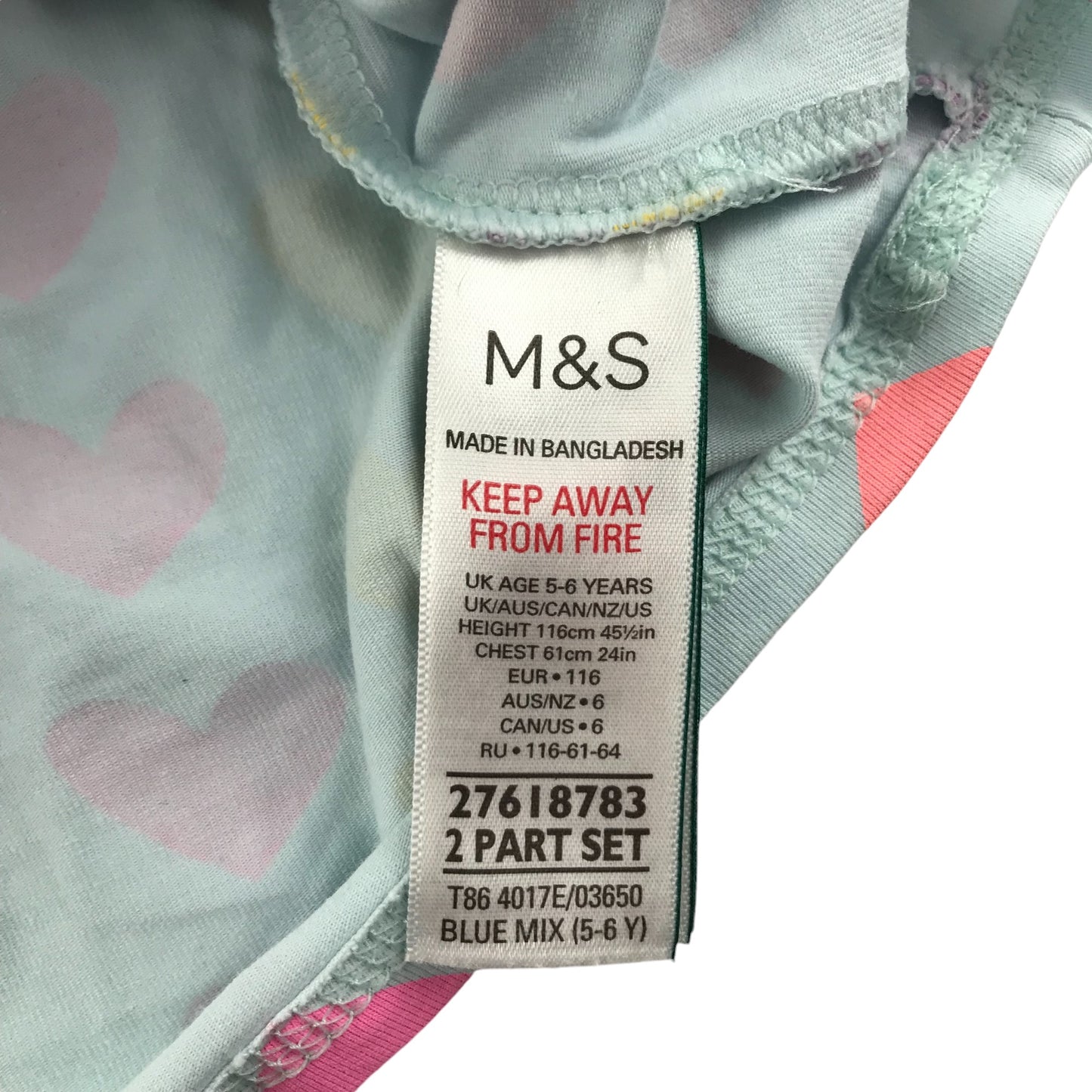 M&S pyjama set 5-6 years light blue with multicolour love hearts