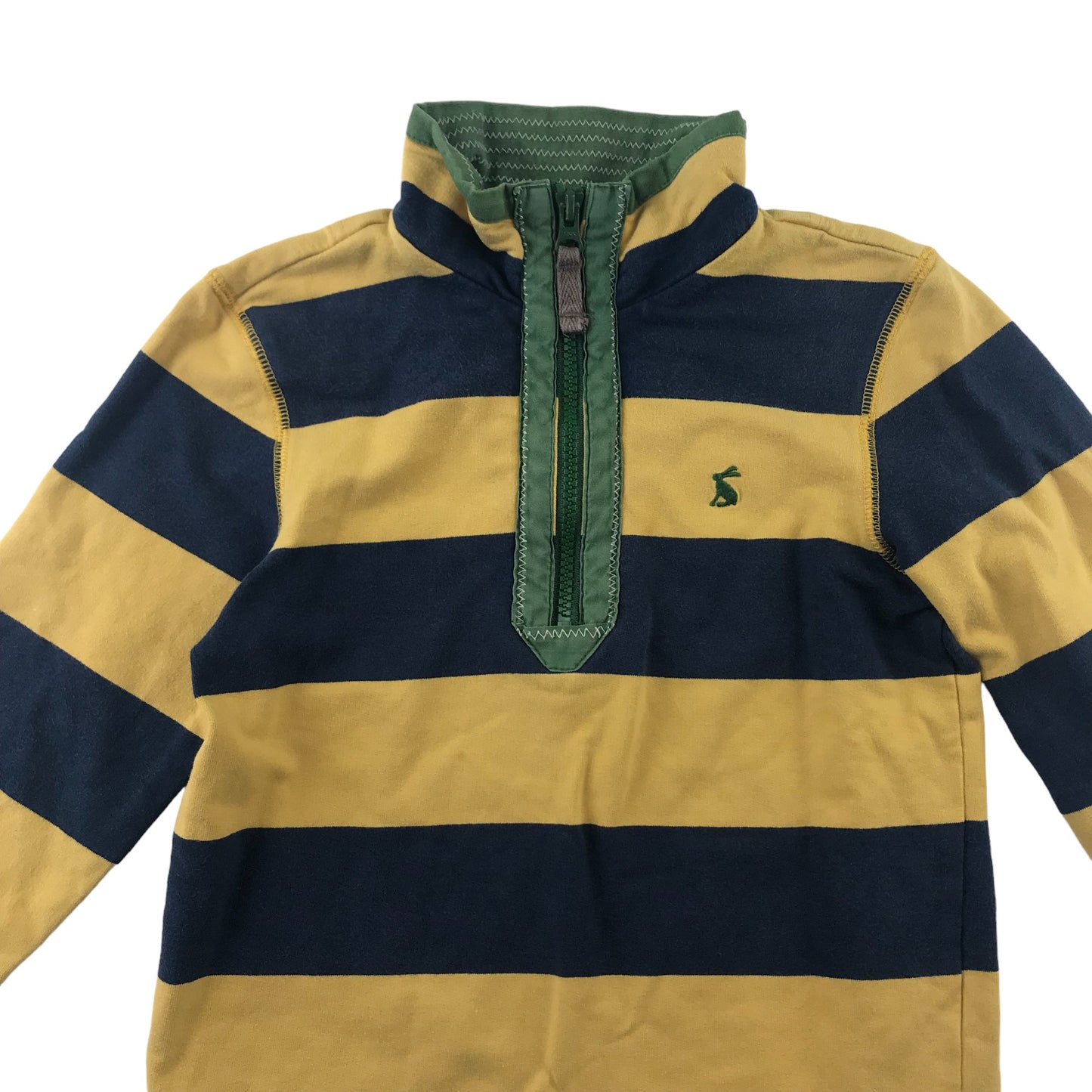 Joules sweater 5 years yellow and navy stripy with half zipper green rabbit logo