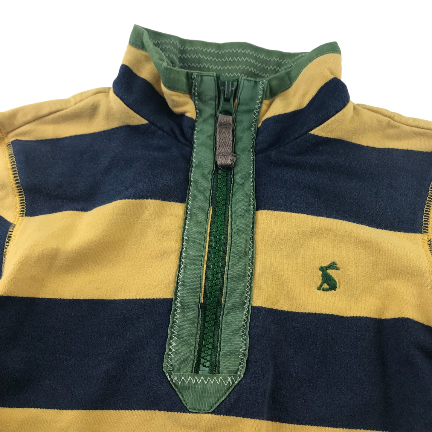 Joules sweater 5 years yellow and navy stripy with half zipper green rabbit logo