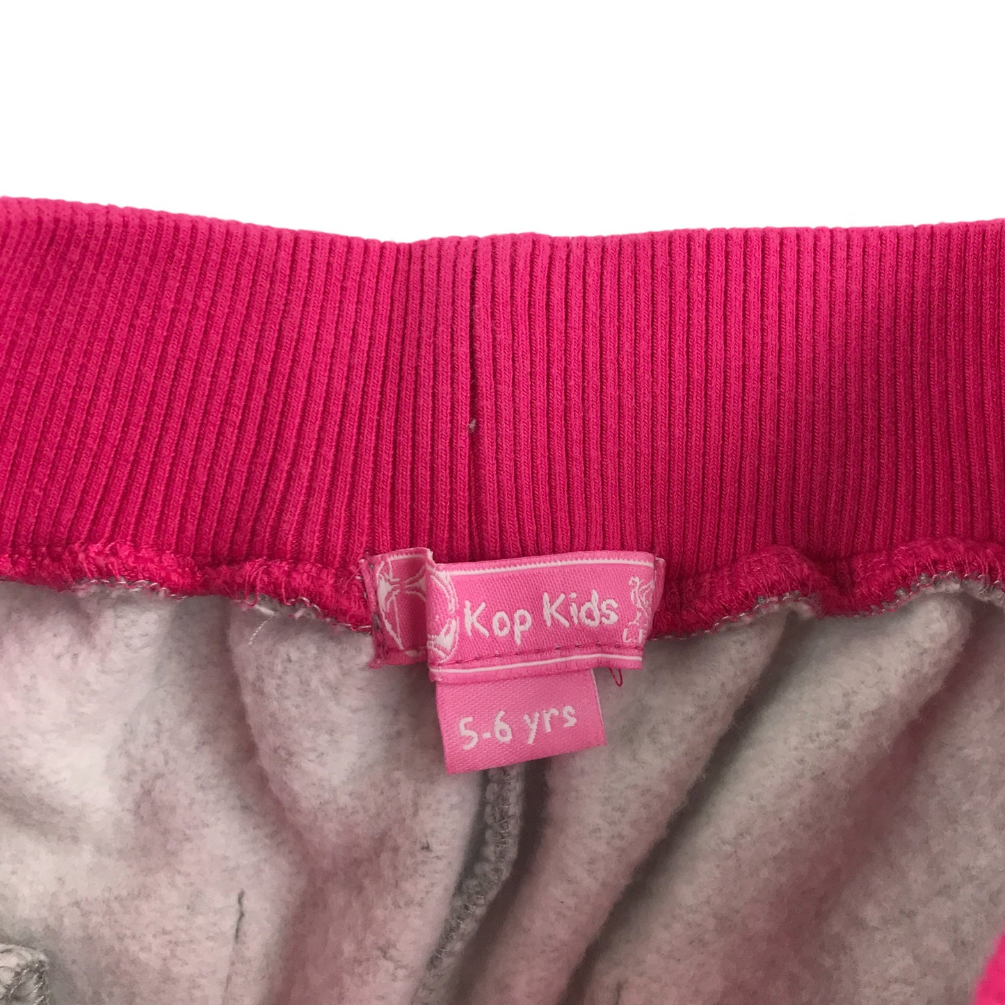 Kop Kids joggers 5-6 years light grey with pink waist band and purple logo Liverpool FC