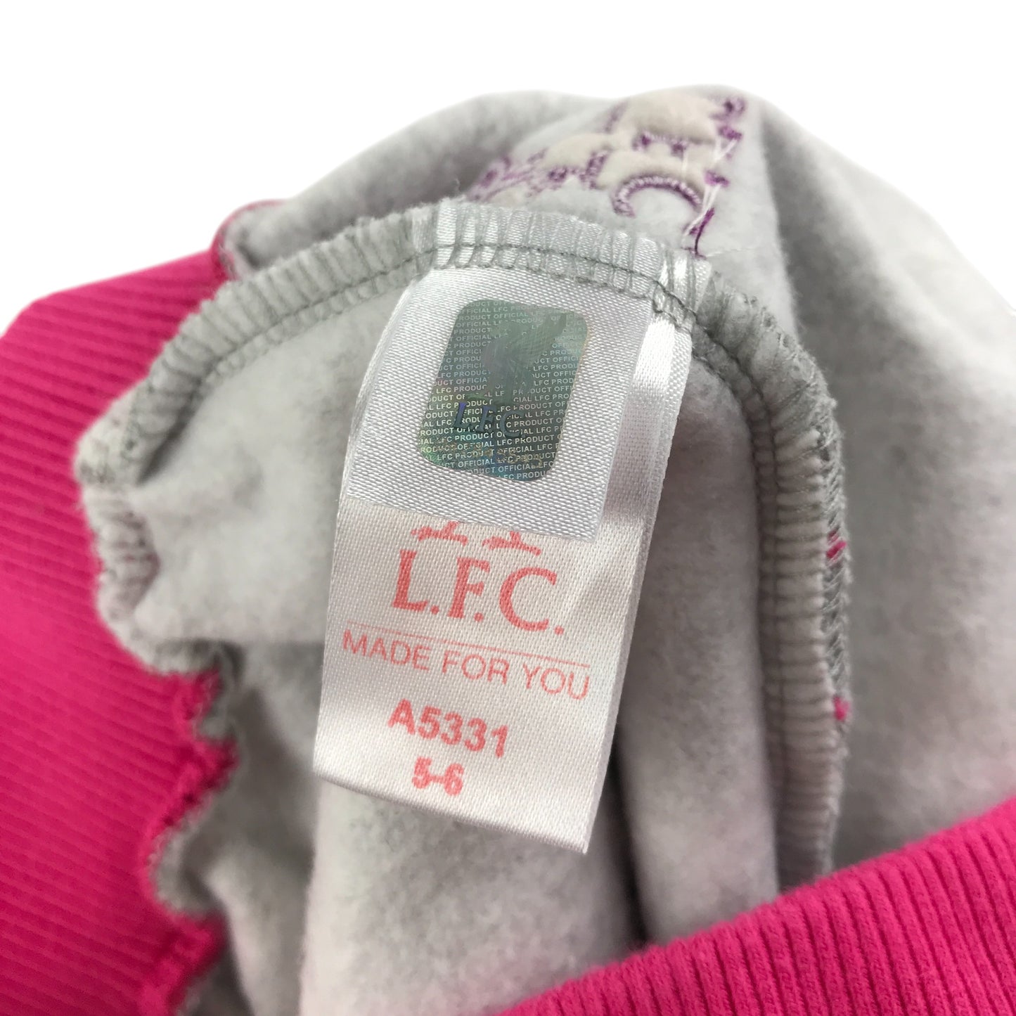 Kop Kids joggers 5-6 years light grey with pink waist band and purple logo Liverpool FC