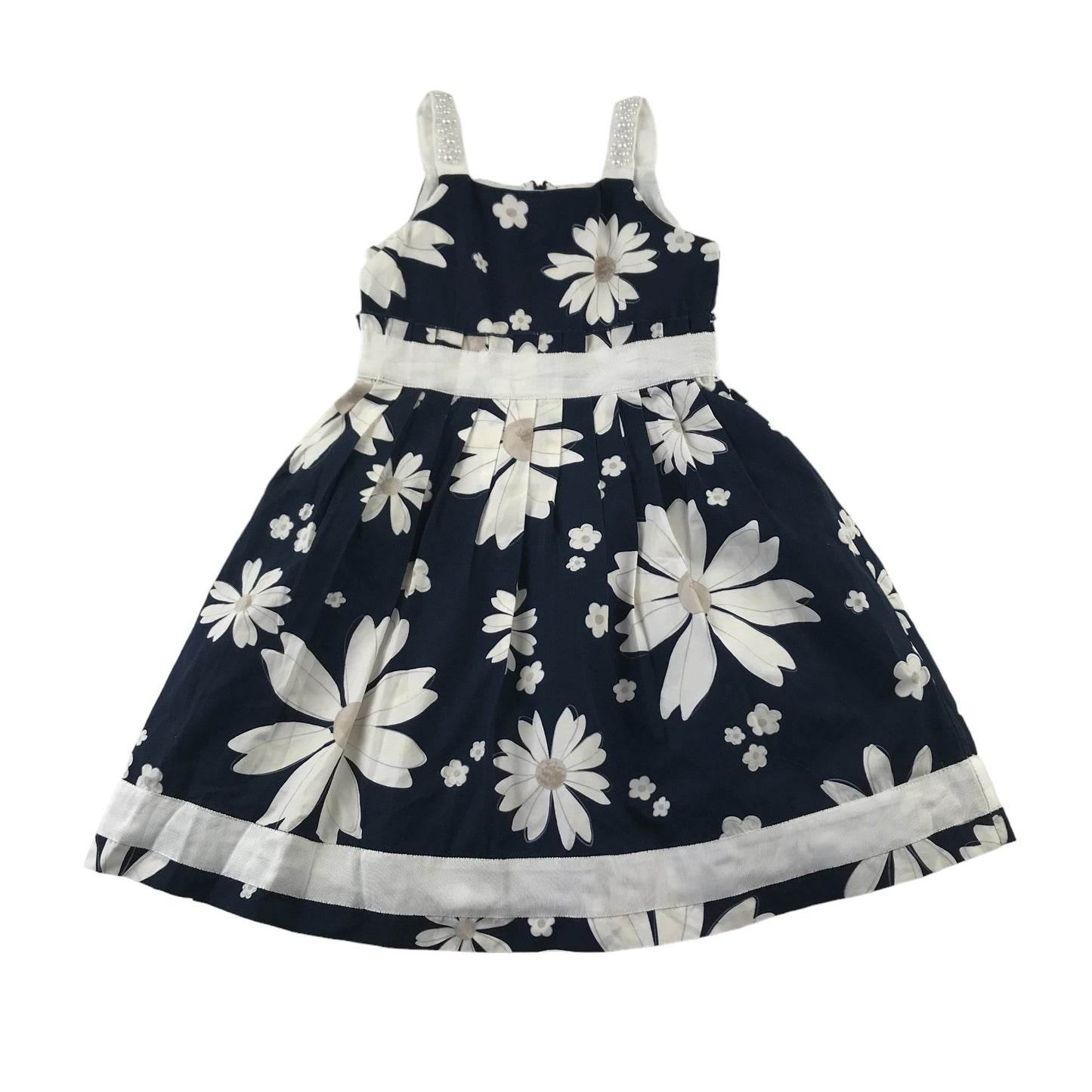 Monnalisa Dress Age 5-6 Navy and White Daisies Print and Faux Pearl Details Cotton