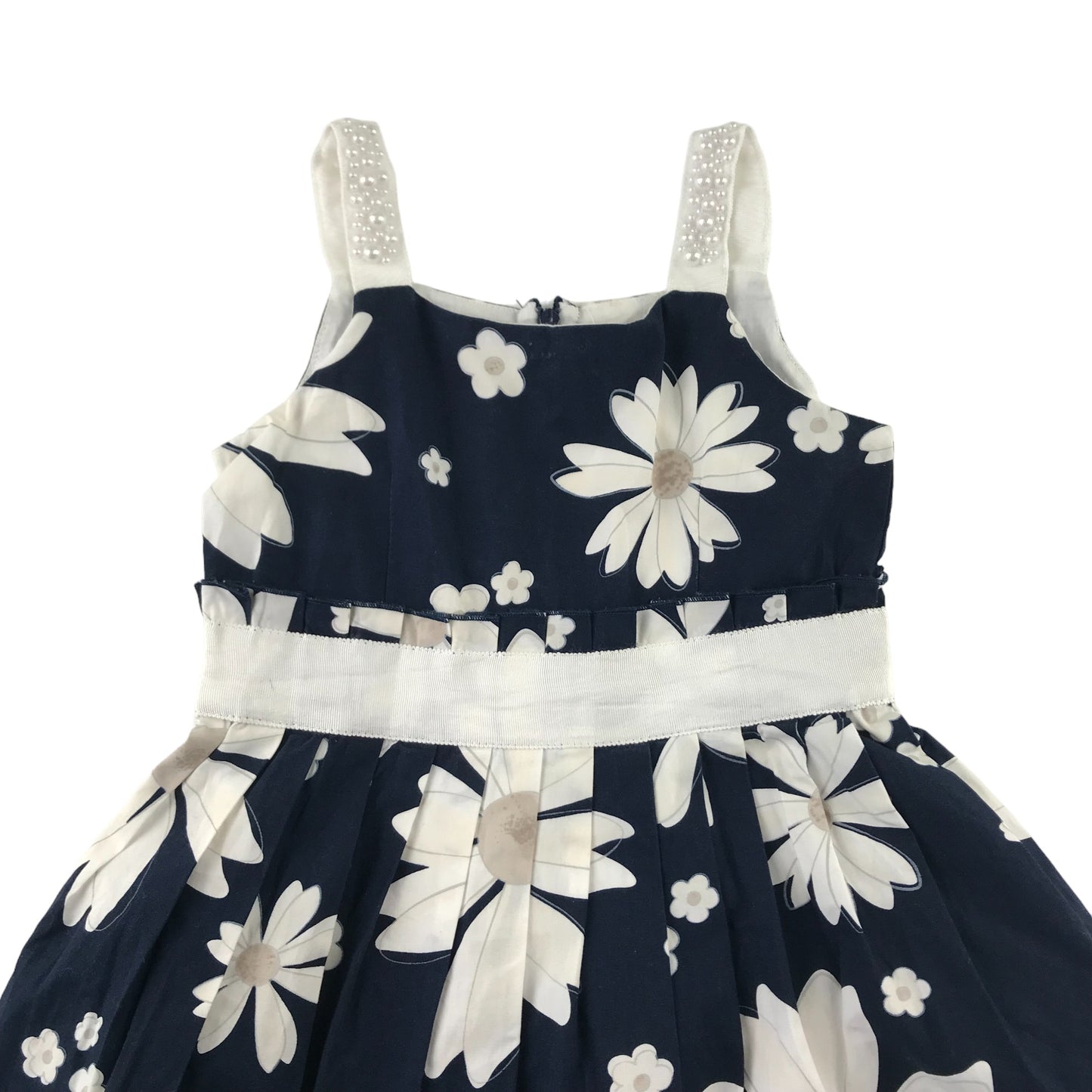 Monnalisa Dress Age 5-6 Navy and White Daisies Print and Faux Pearl Details Cotton