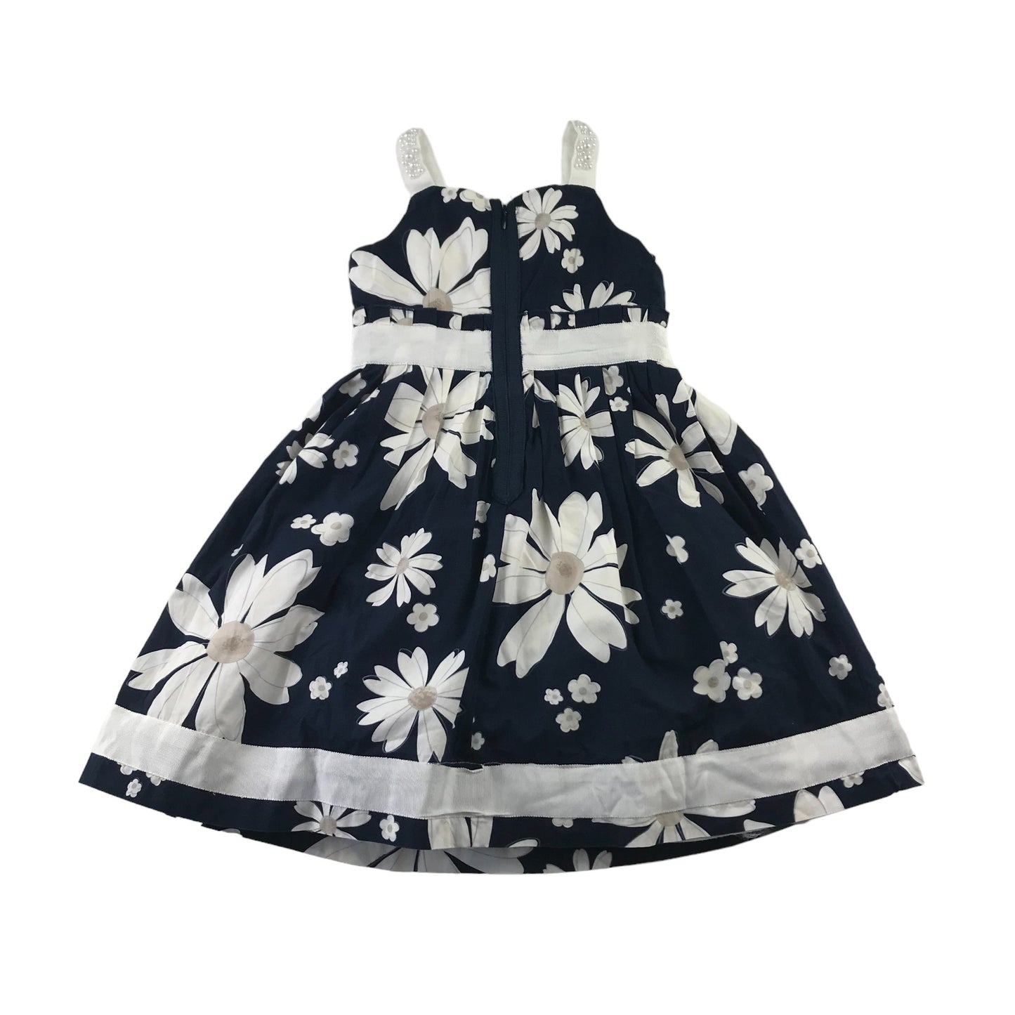 Monnalisa Dress Age 5-6 Navy and White Daisies Print and Faux Pearl Details Cotton