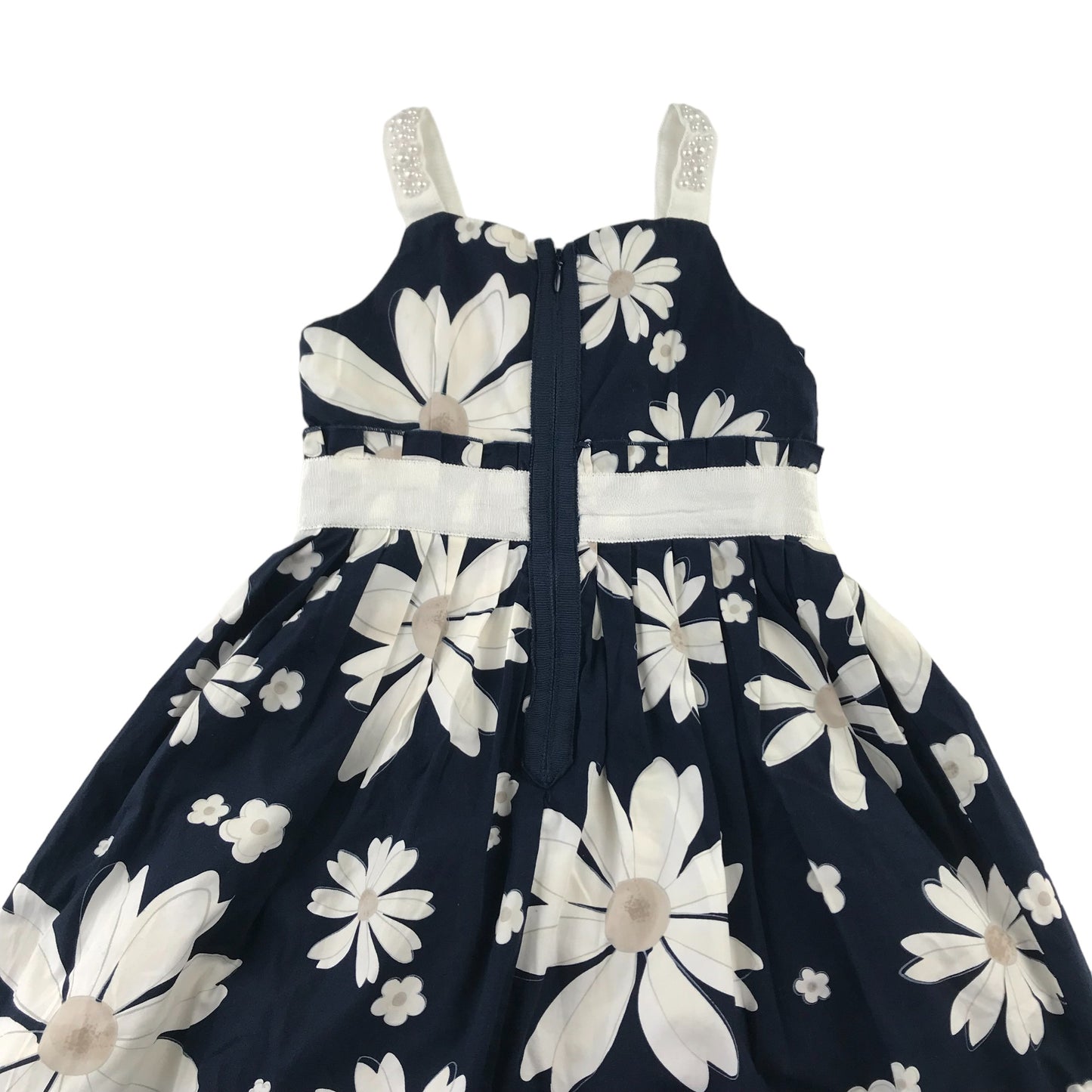 Monnalisa Dress Age 5-6 Navy and White Daisies Print and Faux Pearl Details Cotton