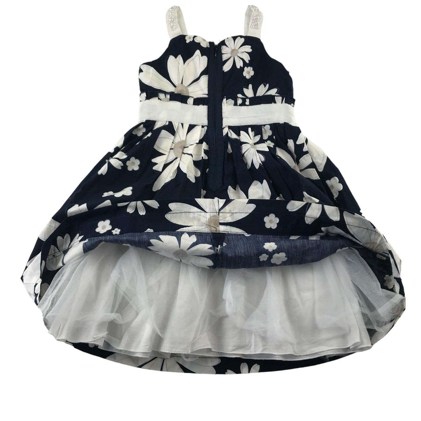 Monnalisa Dress Age 5-6 Navy and White Daisies Print and Faux Pearl Details Cotton