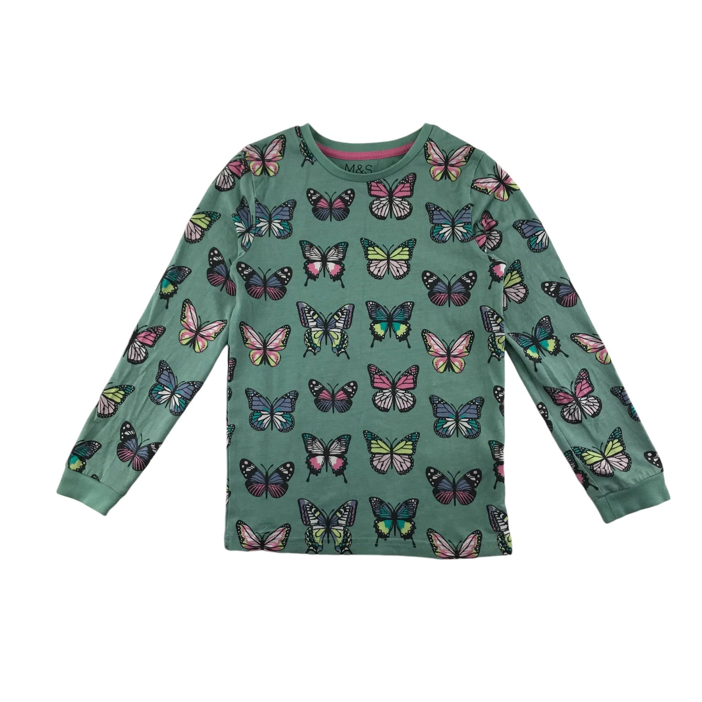 M&S pyjama set 7-8 years green butterfly print pattern long sleeve