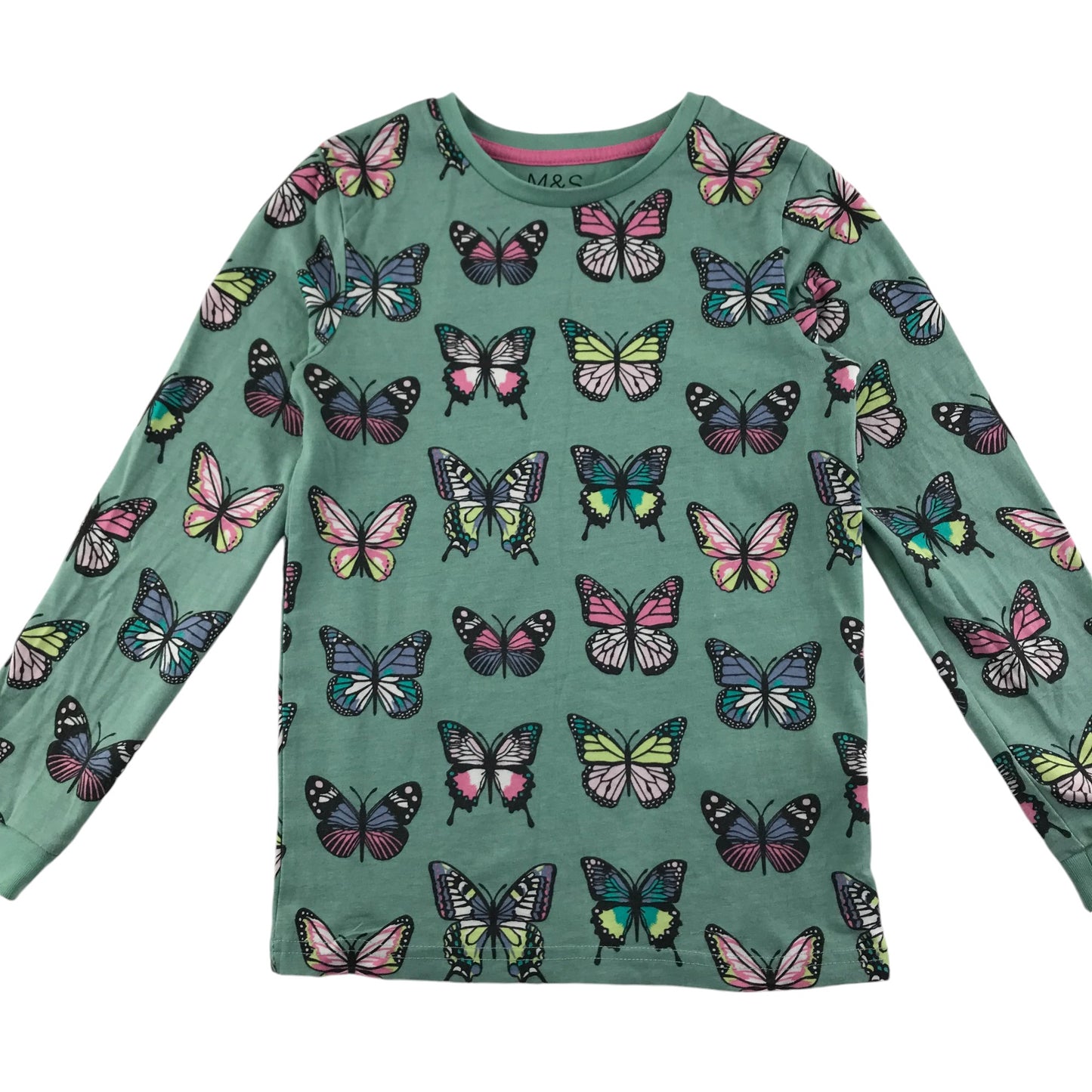 M&S pyjama set 7-8 years green butterfly print pattern long sleeve