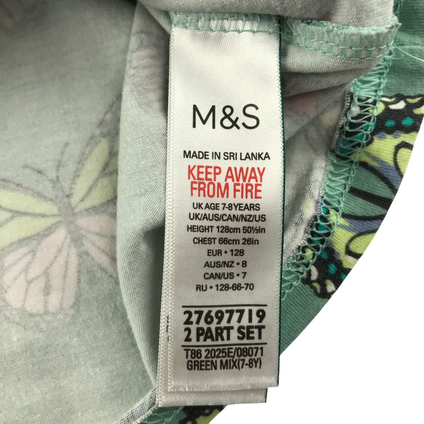 M&S pyjama set 7-8 years green butterfly print pattern long sleeve