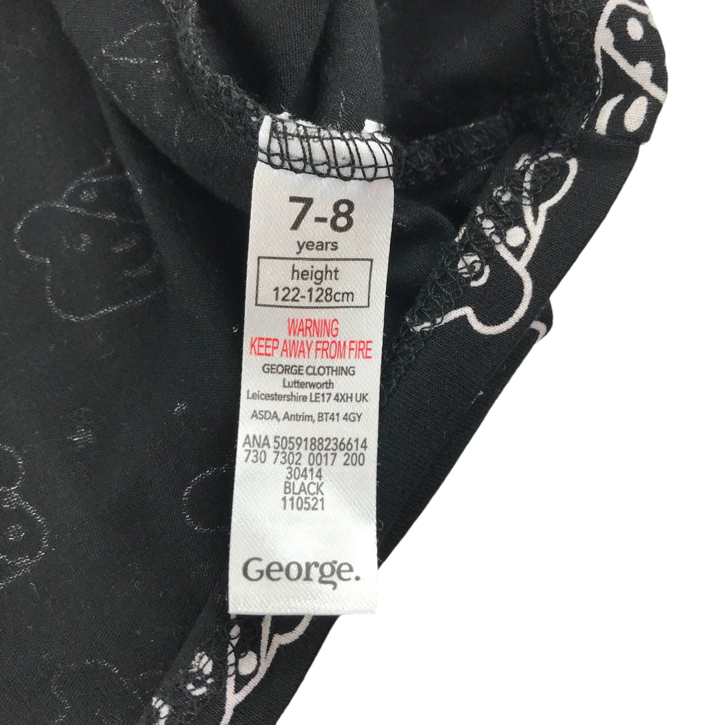 George pyjama set 7-8 years black button up Pudsey Bear