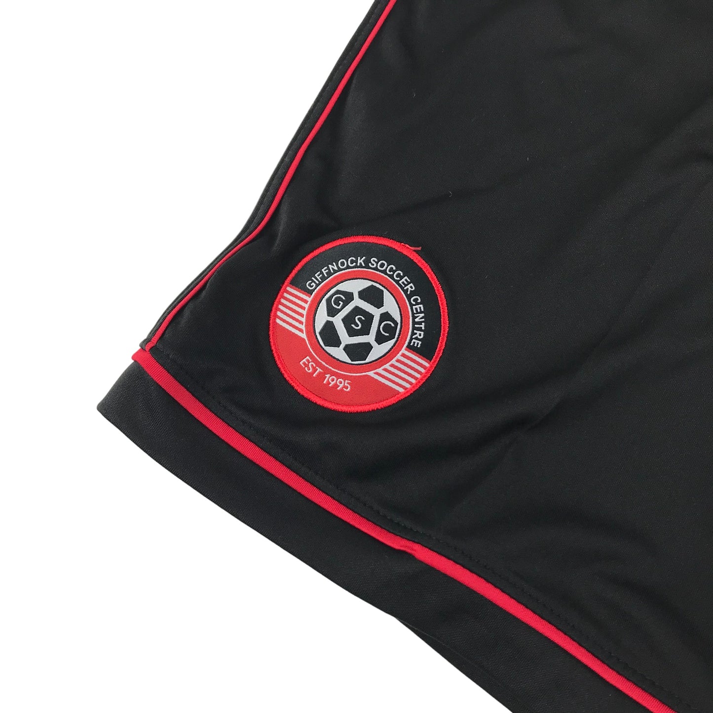 Giffnock Soccer Centre Football Kit Age 11-13 Red black strip and shorts