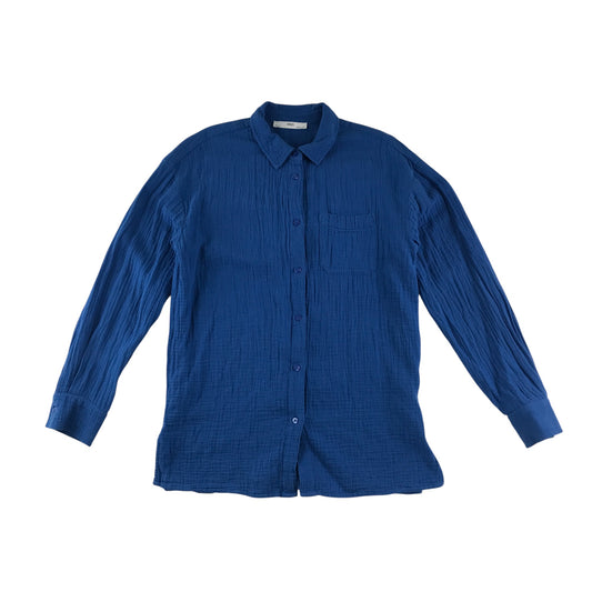 M&S blouse 9-10 years blue plain button up shirt long top length
