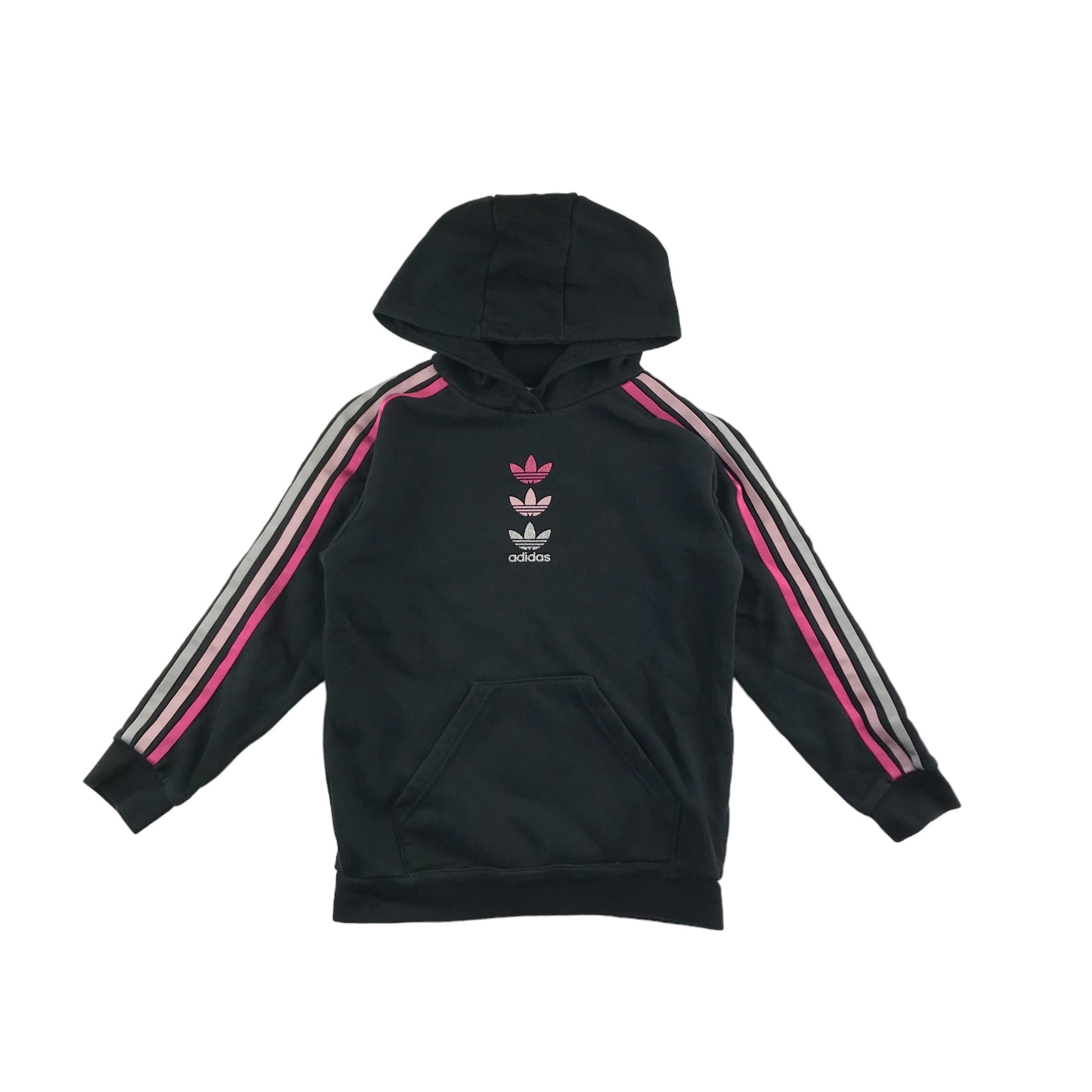 Adidas Hoodie Age Black with Pink Triple Logo and Sleeve Stripes