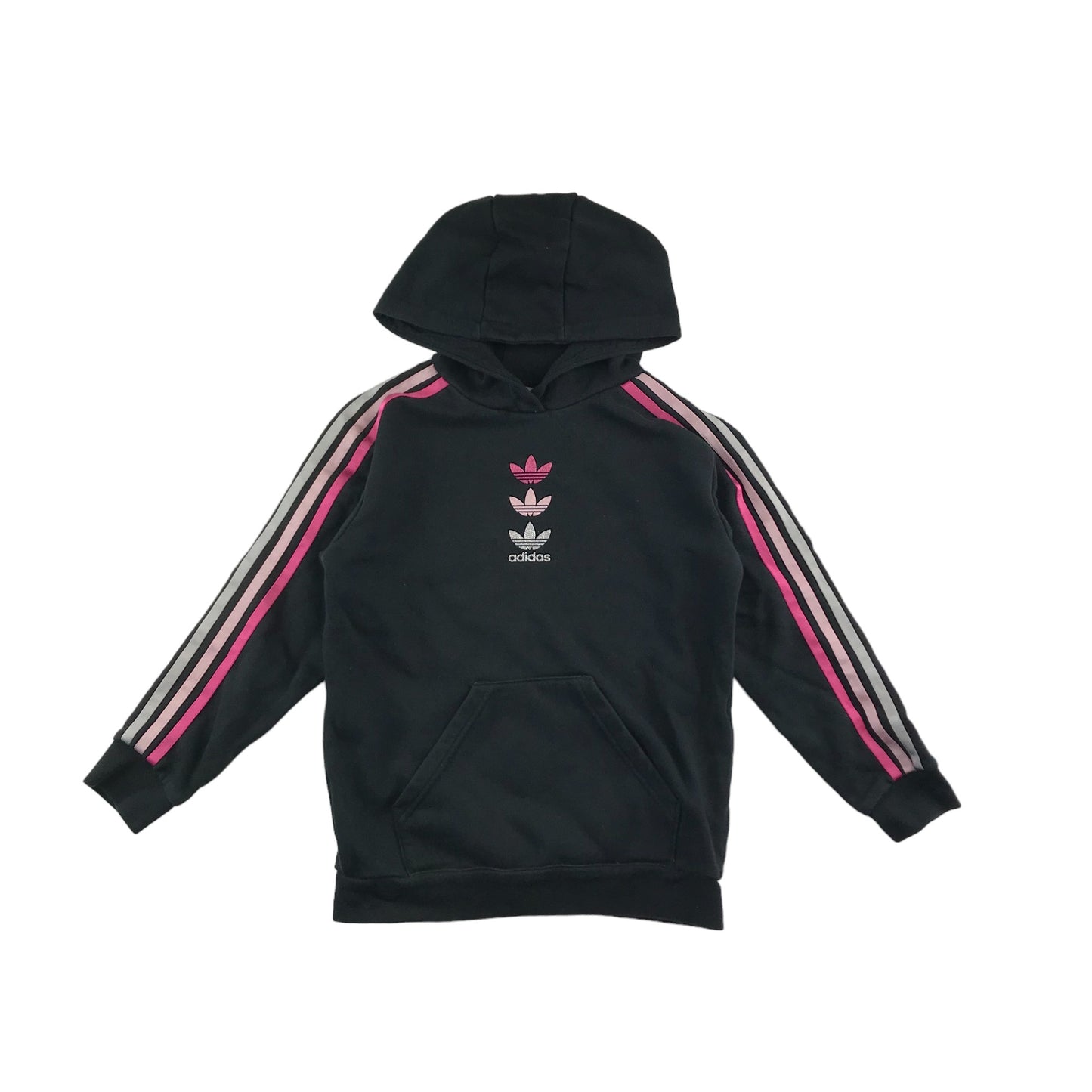 Adidas Hoodie Age 9 Black with Pink Triple Logo and Sleeve Stripes