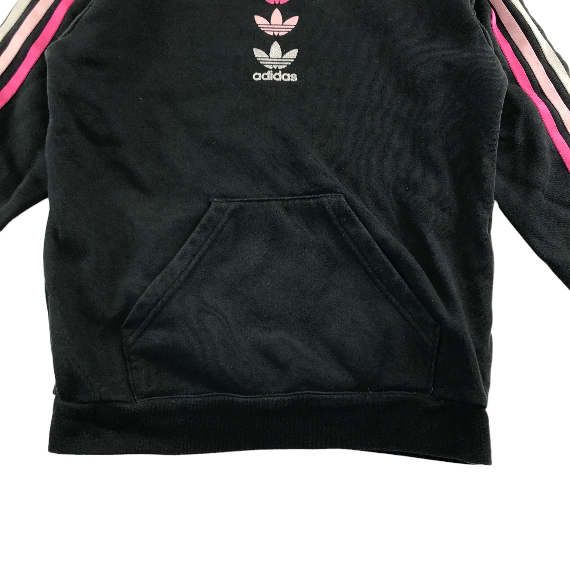 Adidas Hoodie Age 9 Black with Pink Triple Logo and Sleeve Stripes