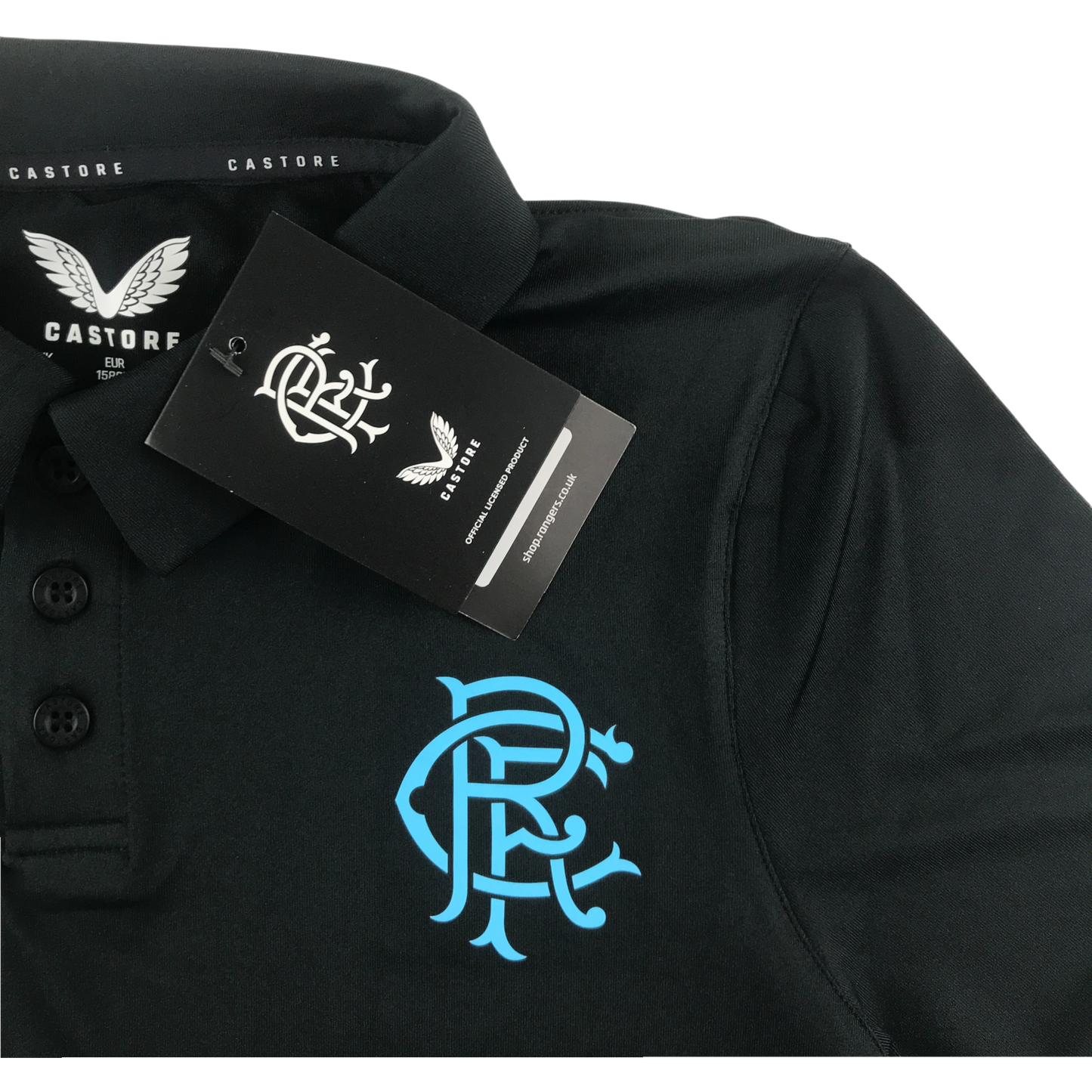 Castore Rangers Polo Shirt Black with Blue Logo
