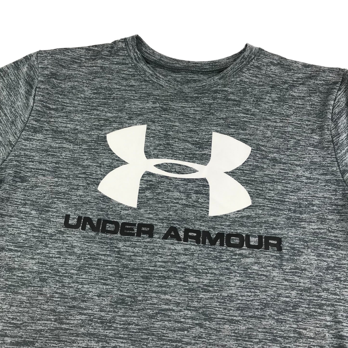 Under Armour Sports Top Age 11-12 Grey Heatgear Distressed Pattern Short Sleeve T-shirt