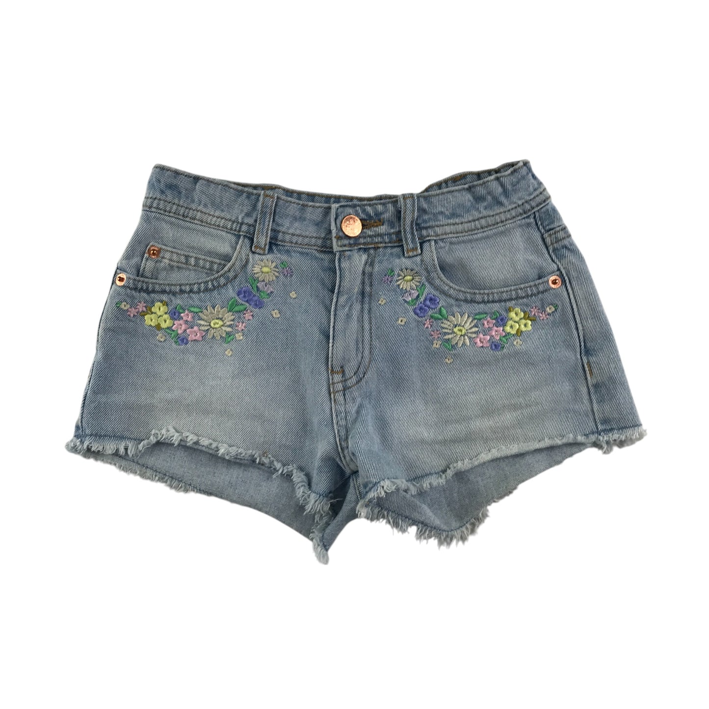 M&S shorts 8-9 years blue floral embroidery Demin ripped hem cotton