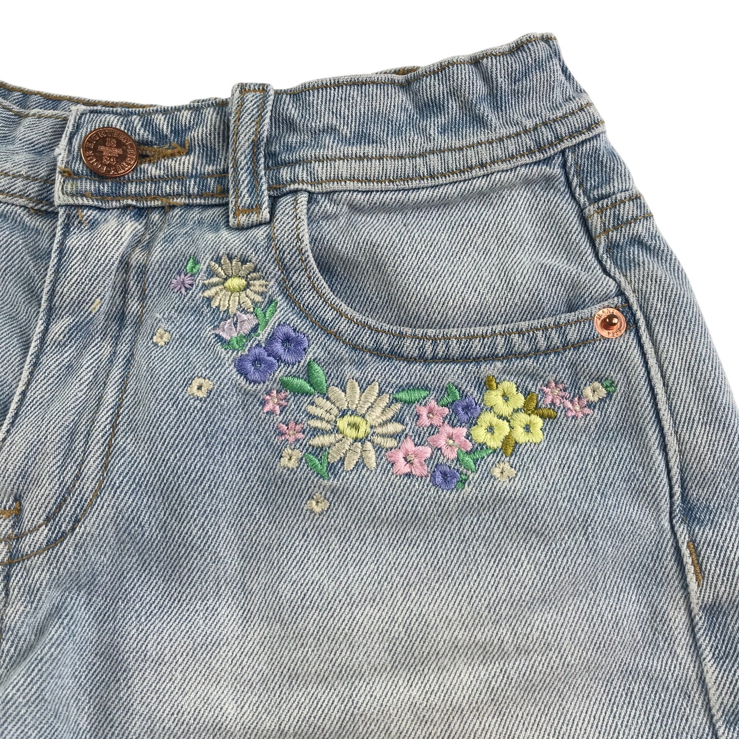 M&S shorts 8-9 years blue floral embroidery Demin ripped hem cotton
