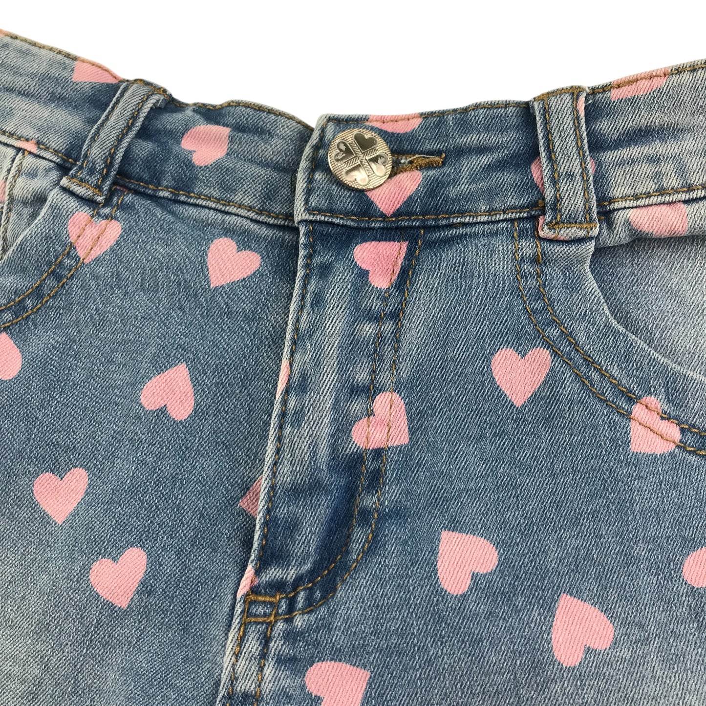 M&S shorts 9-10 years blue denim with pink love heart print