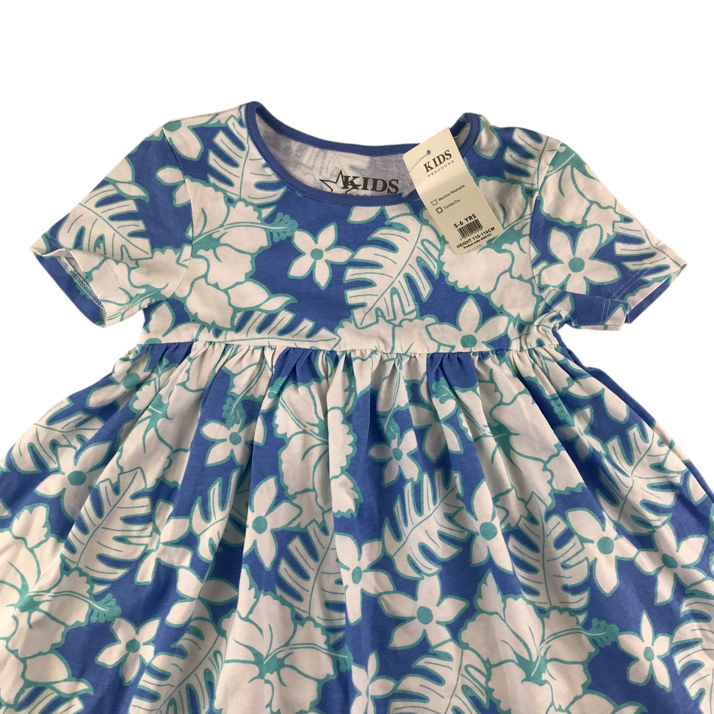 Peacocks dress 5-6 years blue and white foliage pattern cotton