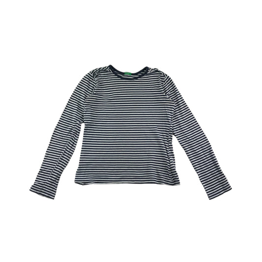 Benetton T-shirt Age 10 Navy White Stripy Long Sleeve Frilled Shoulders Cotton
