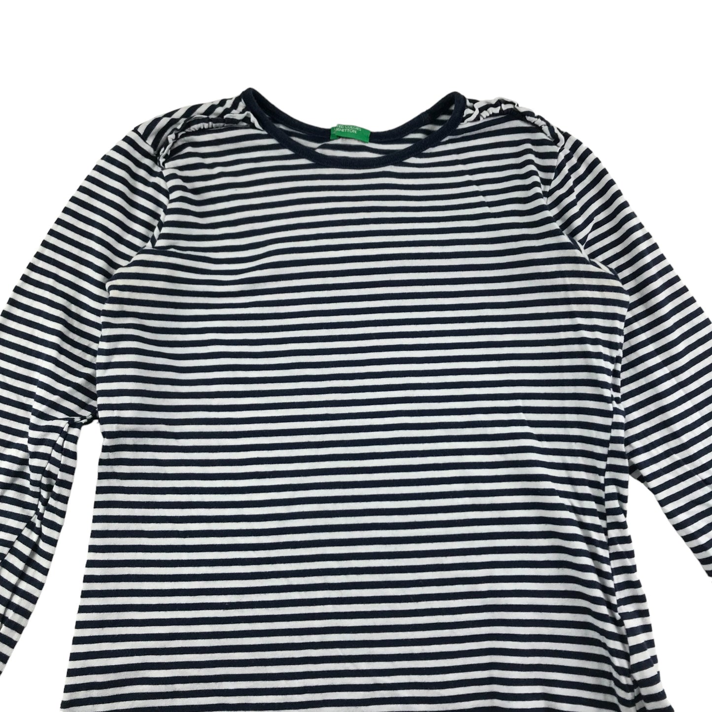 Benetton T-shirt Age 10 Navy White Stripy Long Sleeve Frilled Shoulders Cotton