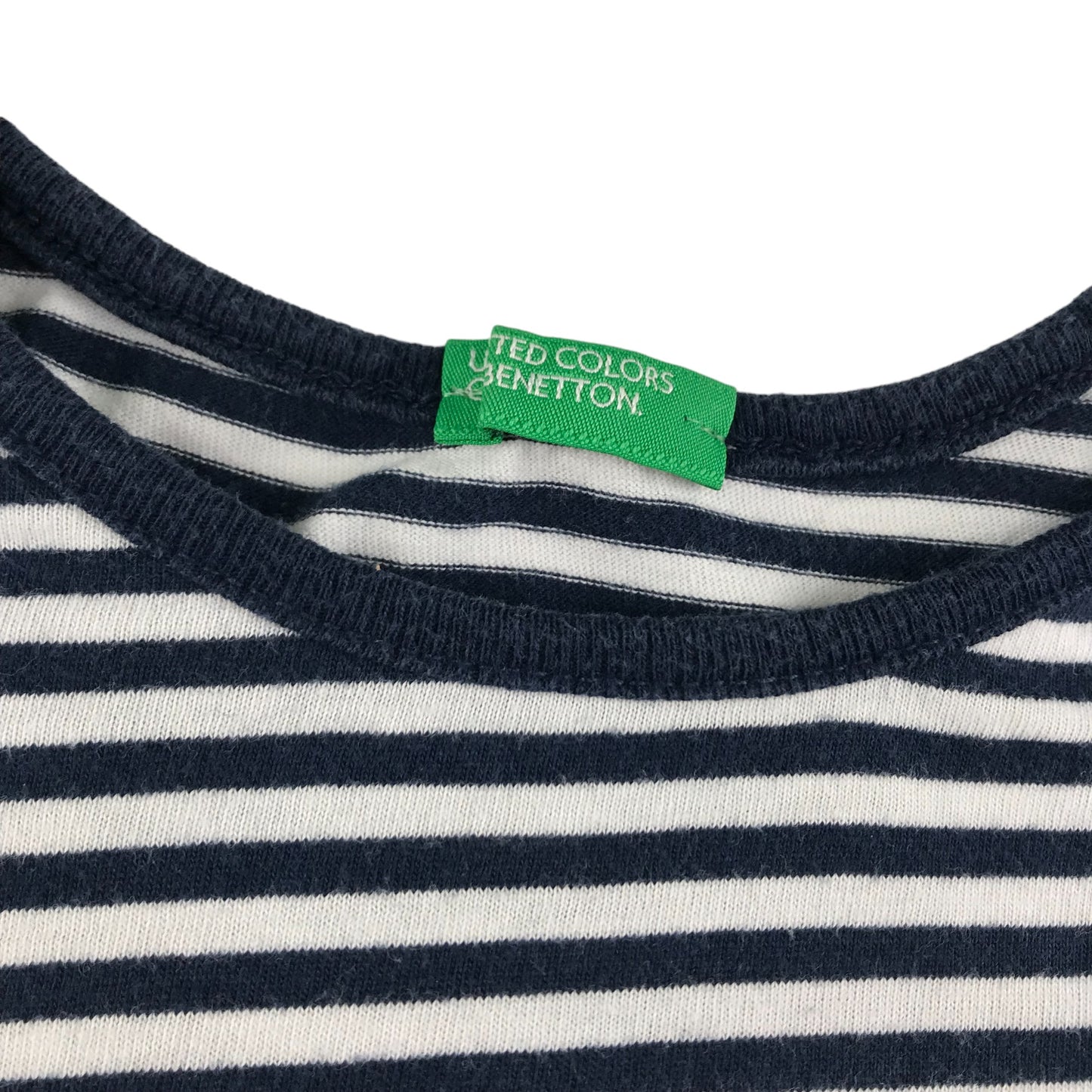 Benetton T-shirt Age 10 Navy White Stripy Long Sleeve Frilled Shoulders Cotton