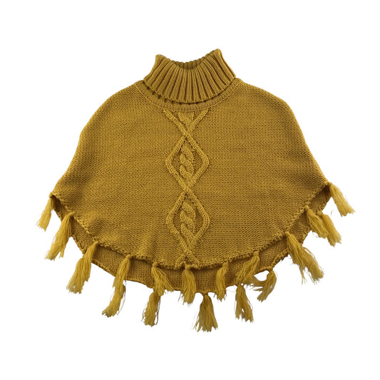 Handknitted Poncho Cropped Jumper 7-8 years Mustard Yellow with Tassels