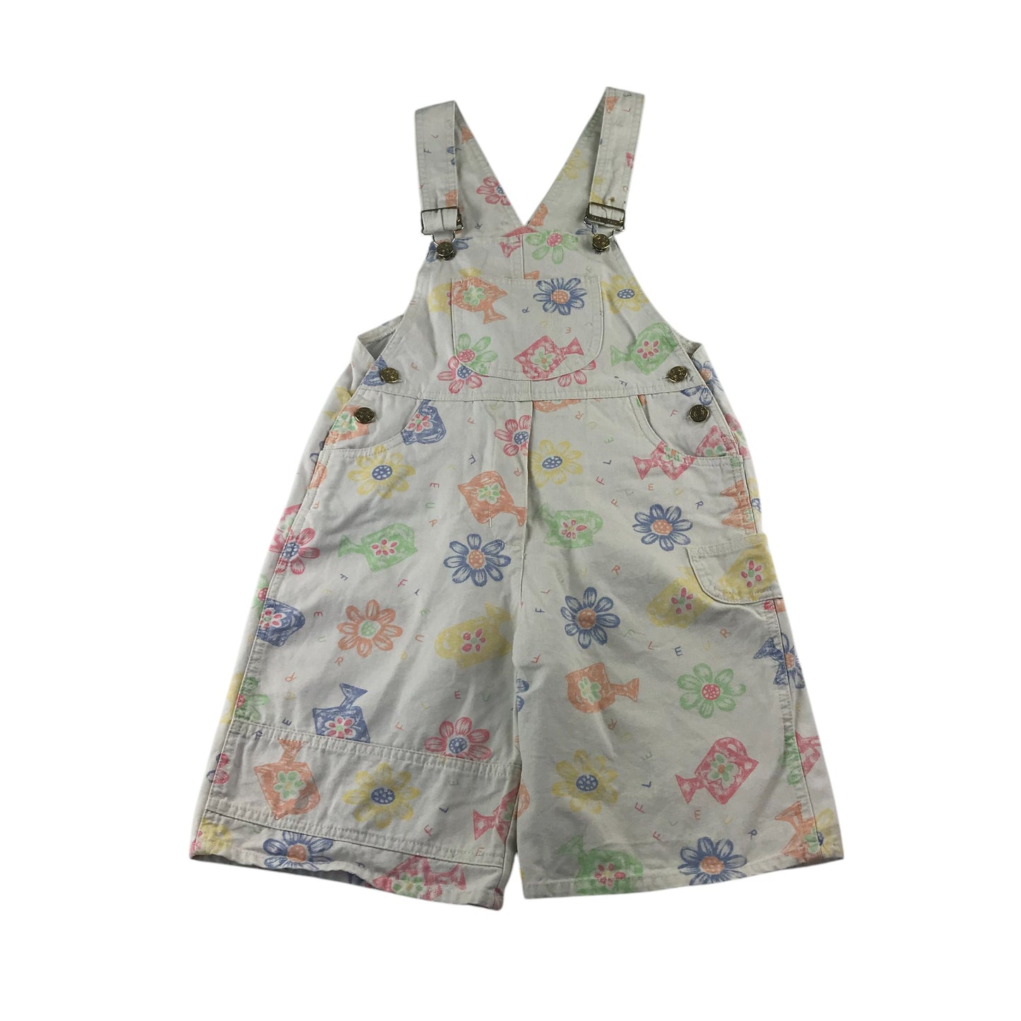 Kute dungaree shorts 7-8 years white denim floral colourful gardening design cotton