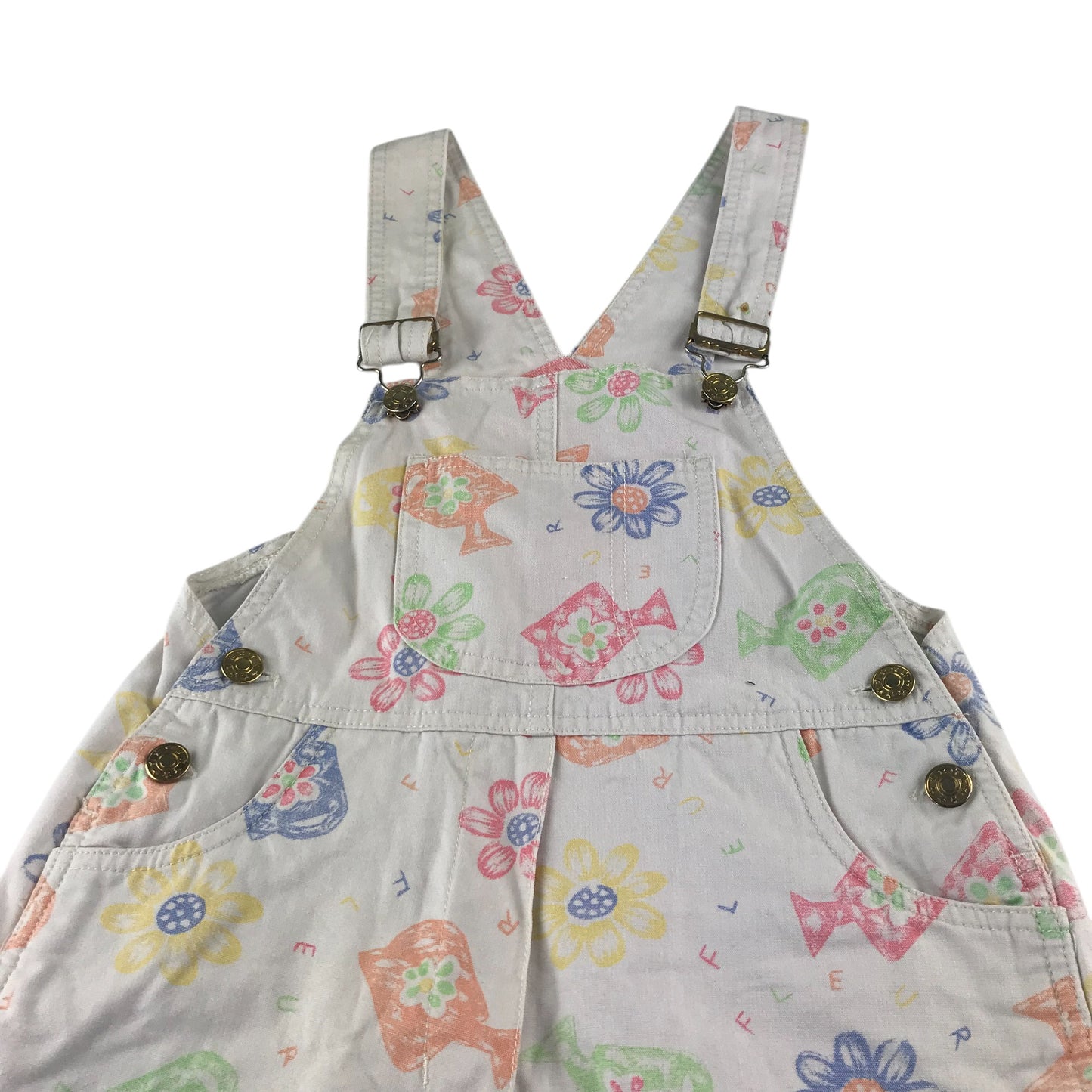 Kute dungaree shorts 7-8 years white denim floral colourful gardening design cotton