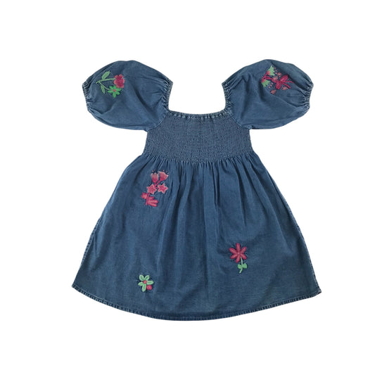 Next dress 7-8 years blue denim with floral embroidery cotton