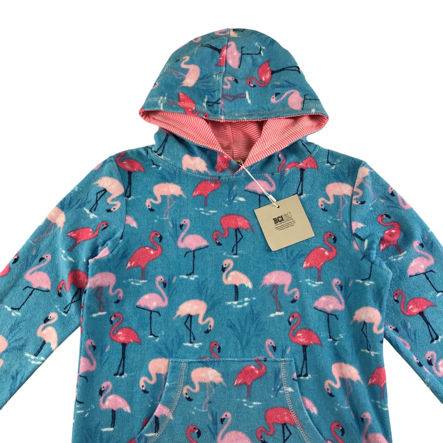 John Lewis blanket hoodie 6-7 years blue flamingo graphic print