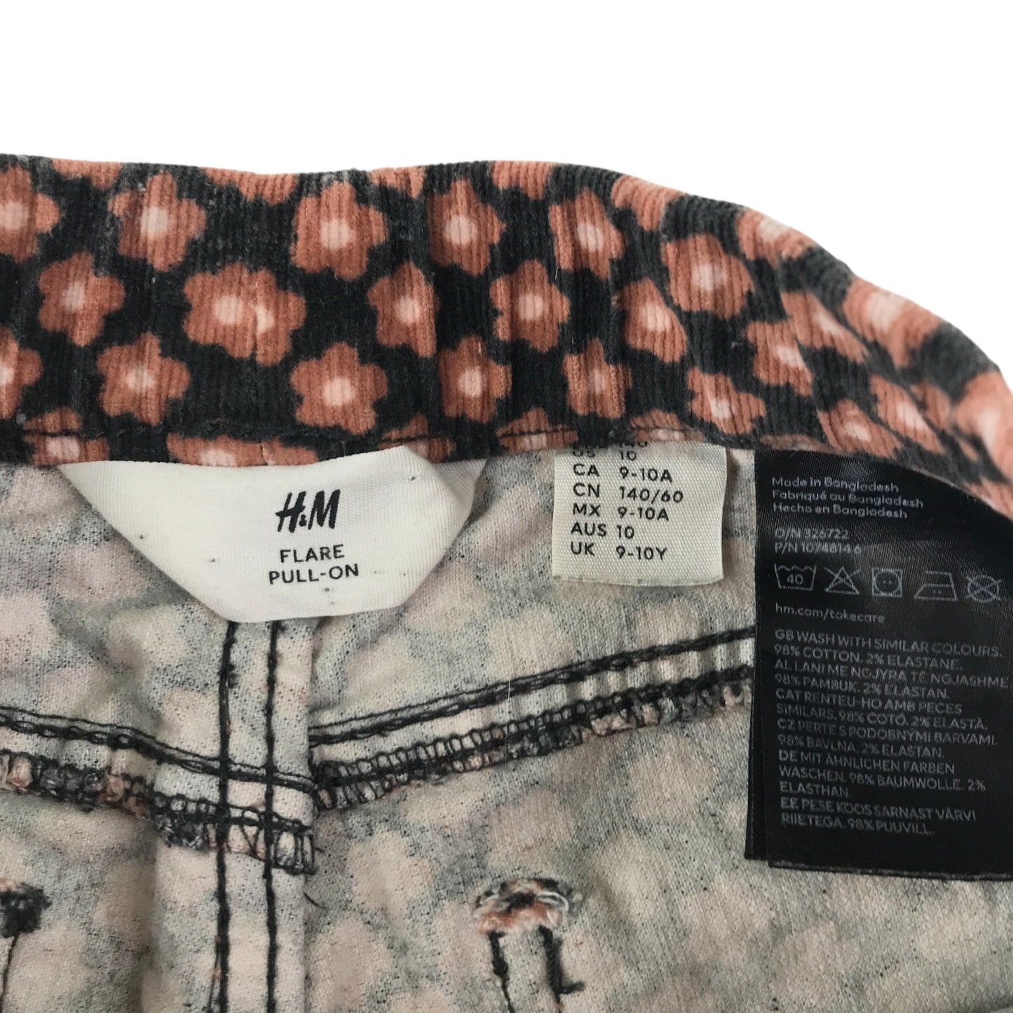 H&M trouser 9-10 year black floral print corduroy flared poll on