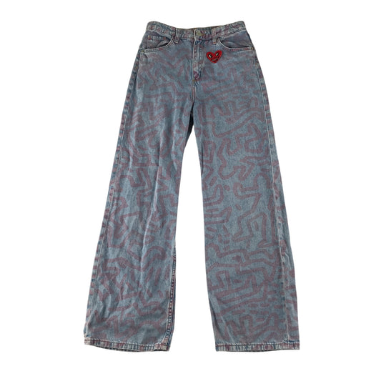 H&M x Keith Haring jean 11-12 year blue with pink graphic design and embroidered love heart patch cotton