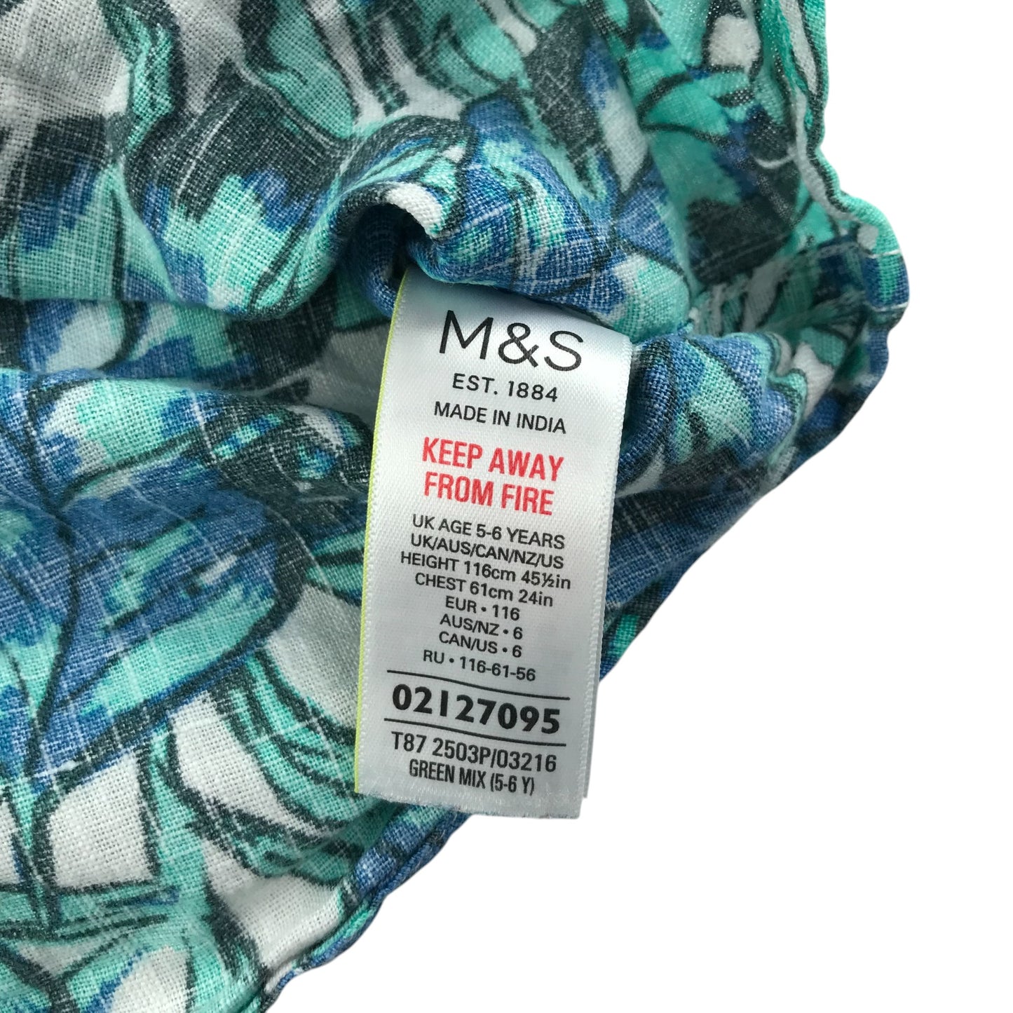 M&S shirt 5-6 years green and blue floral design