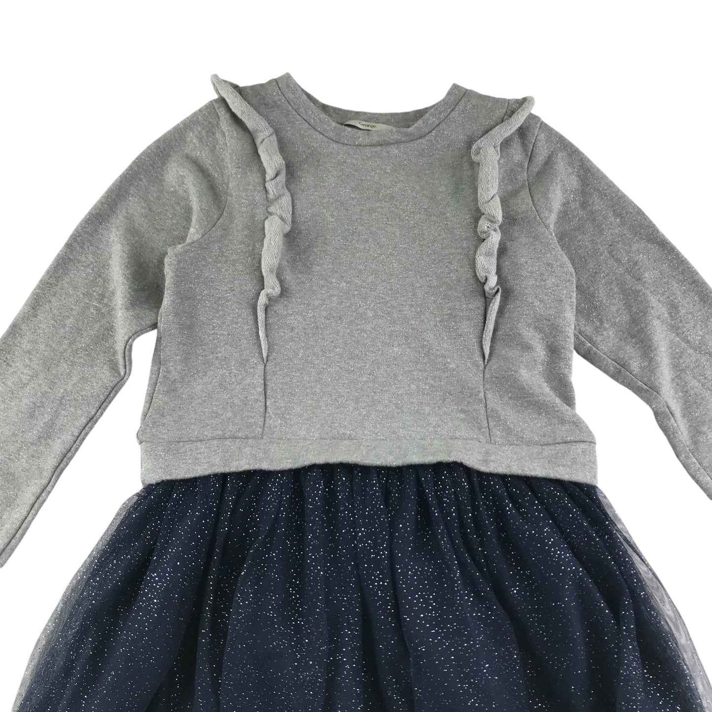 George dress 11-12 years grey jersey frilled top with navy sparkly tulle skirt