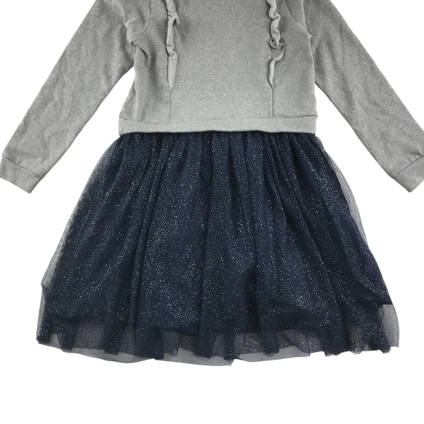 George dress 11-12 years grey jersey frilled top with navy sparkly tulle skirt