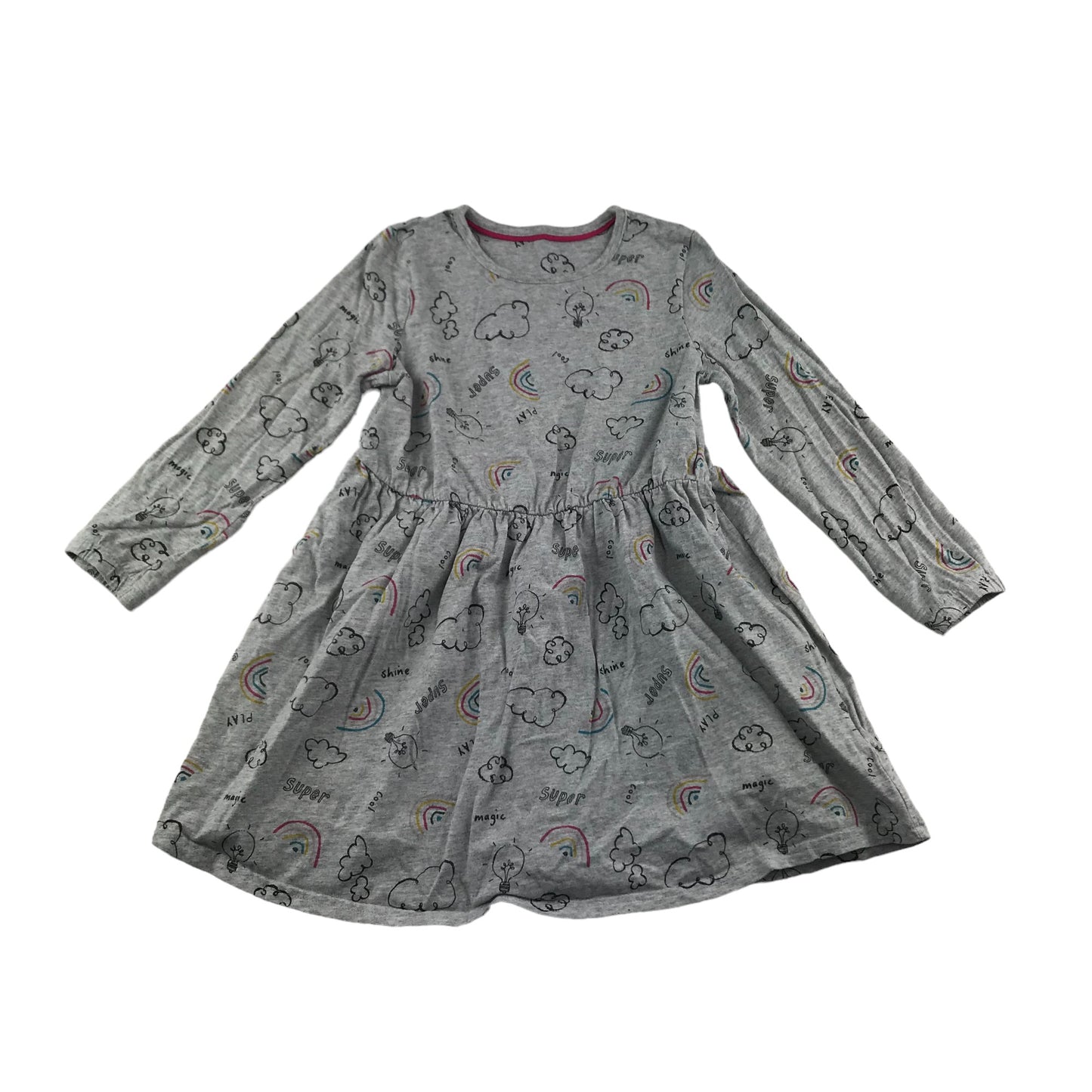 M&S Dress Age 5 Grey with Cloud and Rainbow Pattern