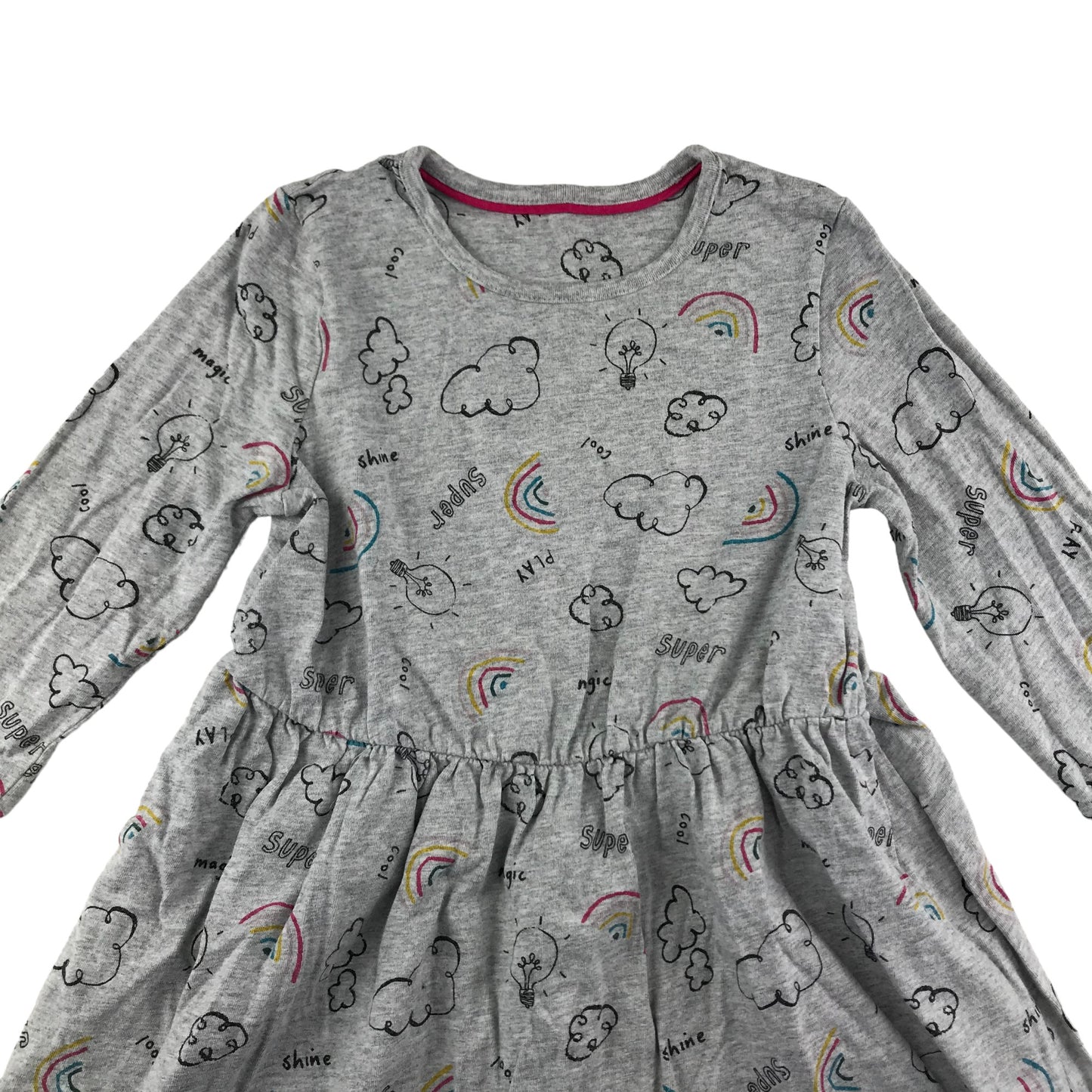 M&S Dress Age 5 Grey with Cloud and Rainbow Pattern