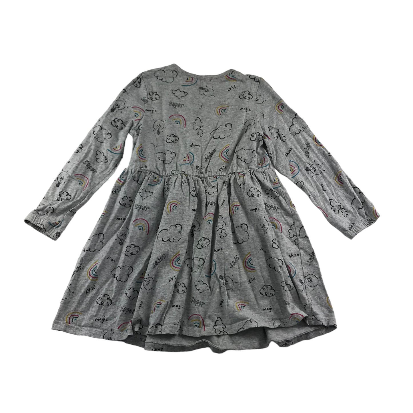 M&S Dress Age 5 Grey with Cloud and Rainbow Pattern