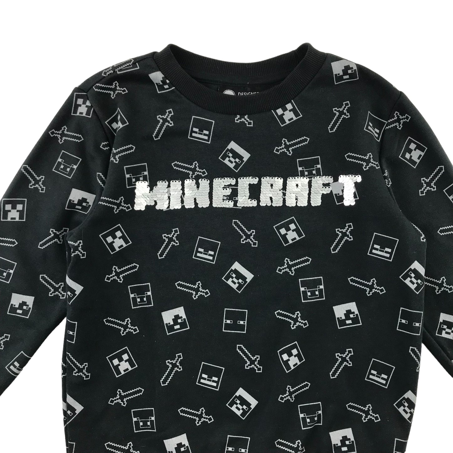 F&F sweater 5-6 years black Minecraft sequin text and graphic print design