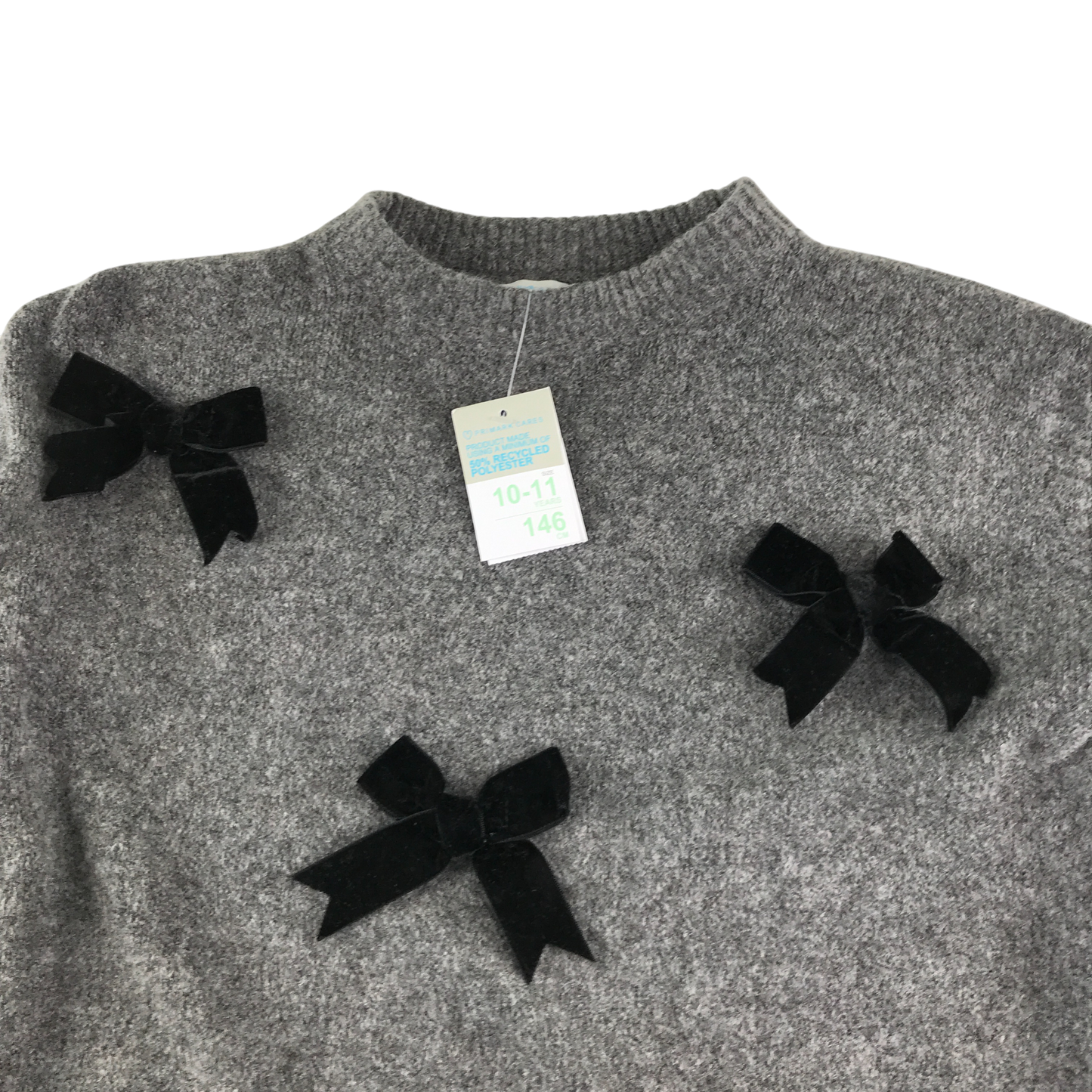 Primark Jumper 10-11 Years Grey with Black Ribbon Details