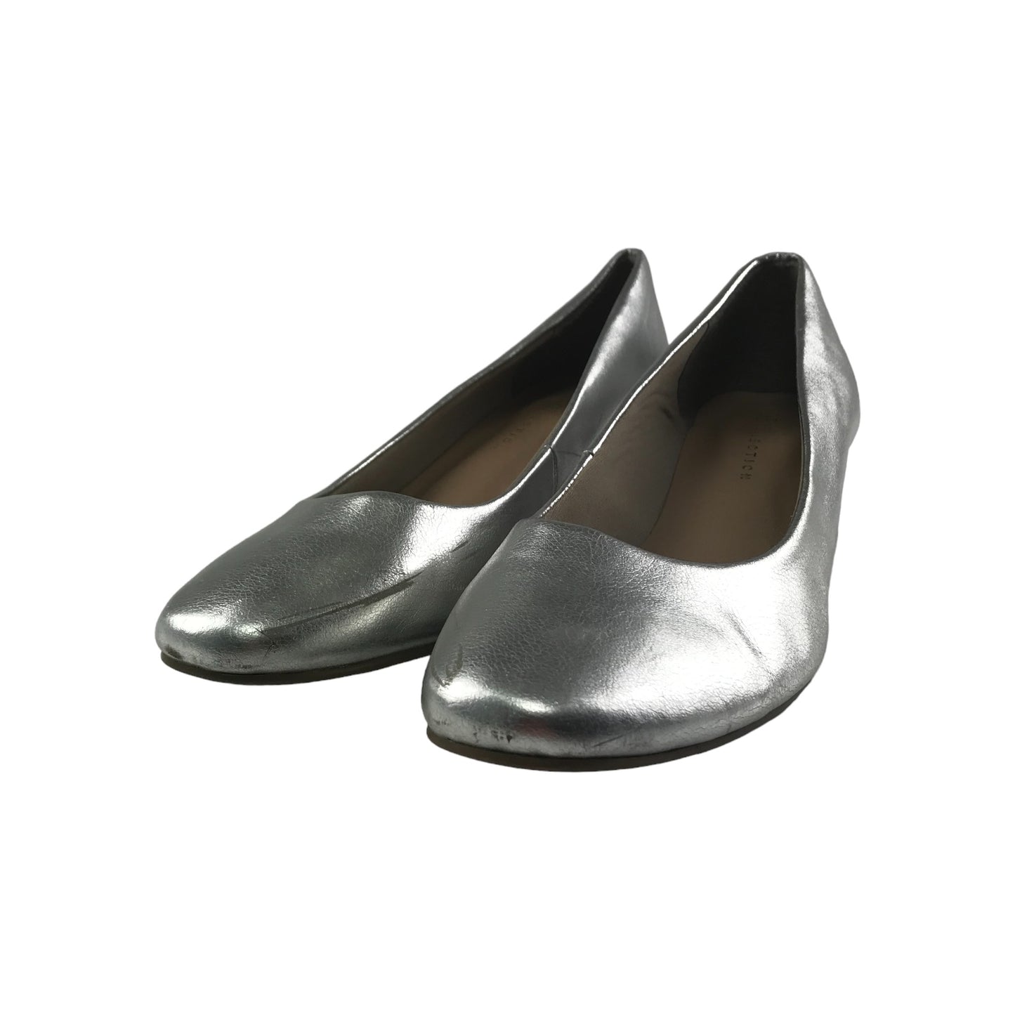 M&S Insolia Low Heel Shoes Shoe Size 5.5 Silver Shiny Hunky Heel