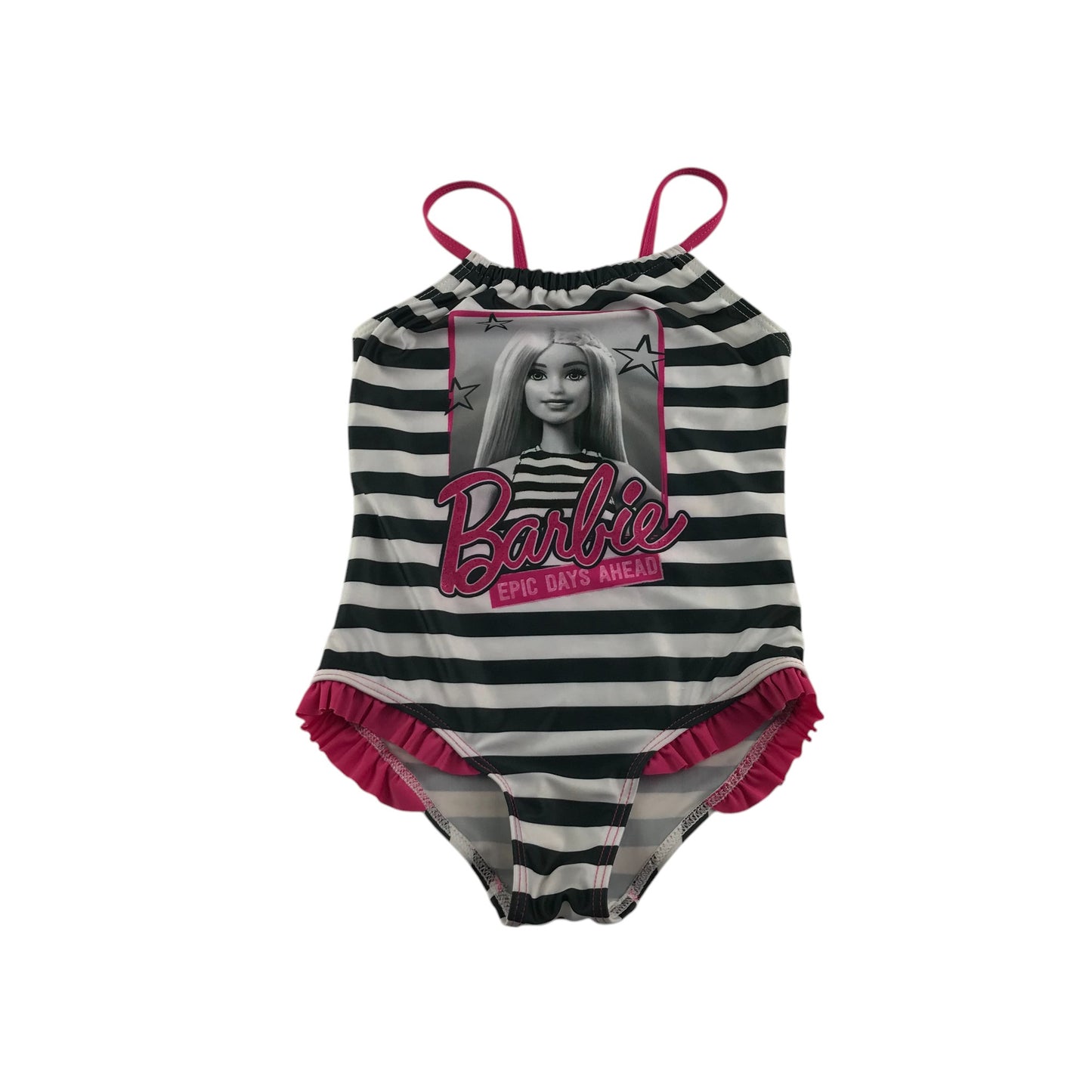 Barbie swimsuit 5-6 years white black and pink stripy one piece cossie